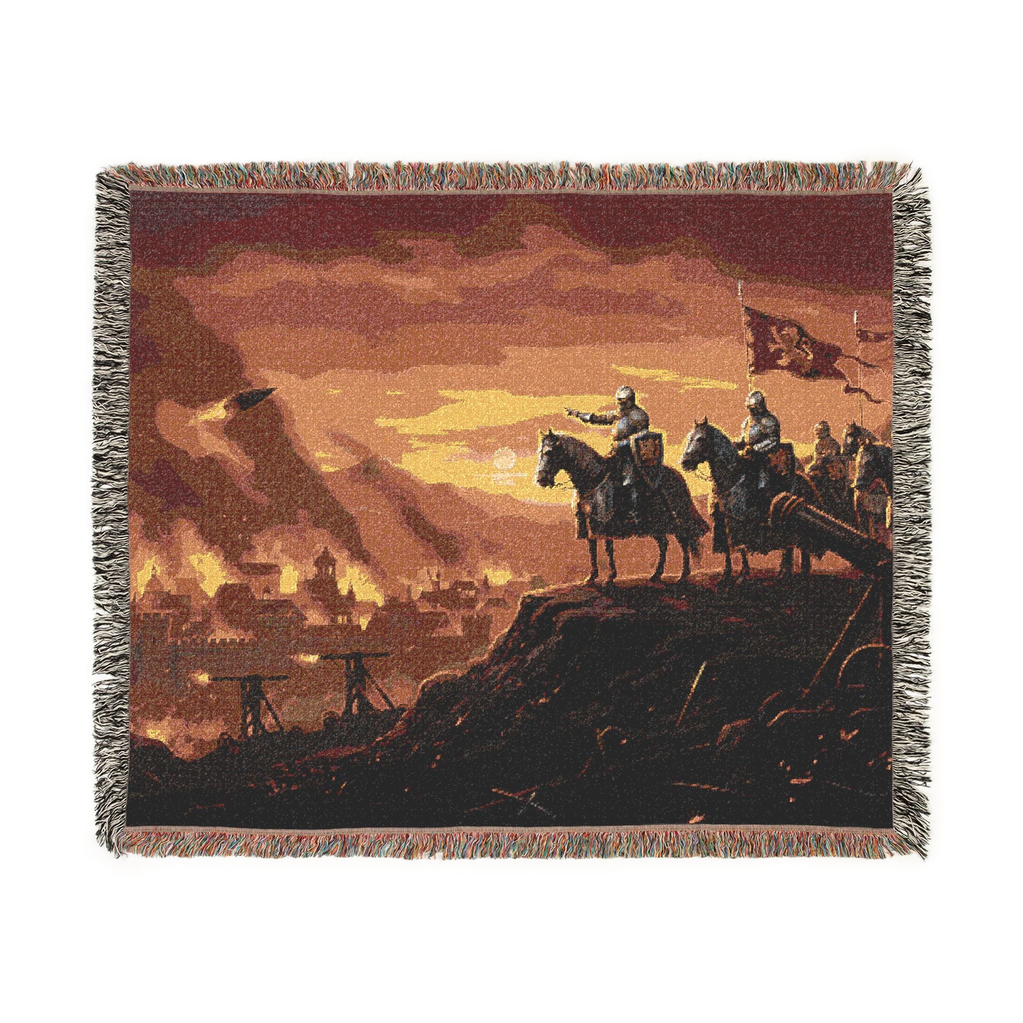 Medieval Knights Overlooking Conquest Woven Blanket