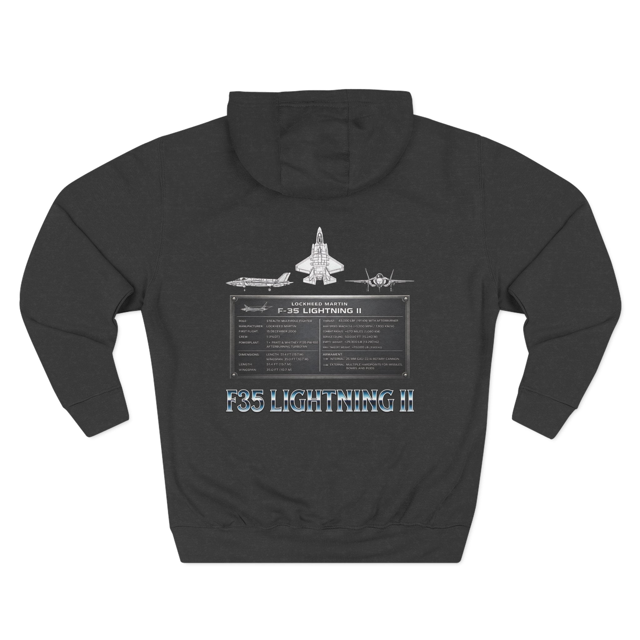 F35 Lightning II Hoodie Three-Panel Fleece Jet Fighter Design on back