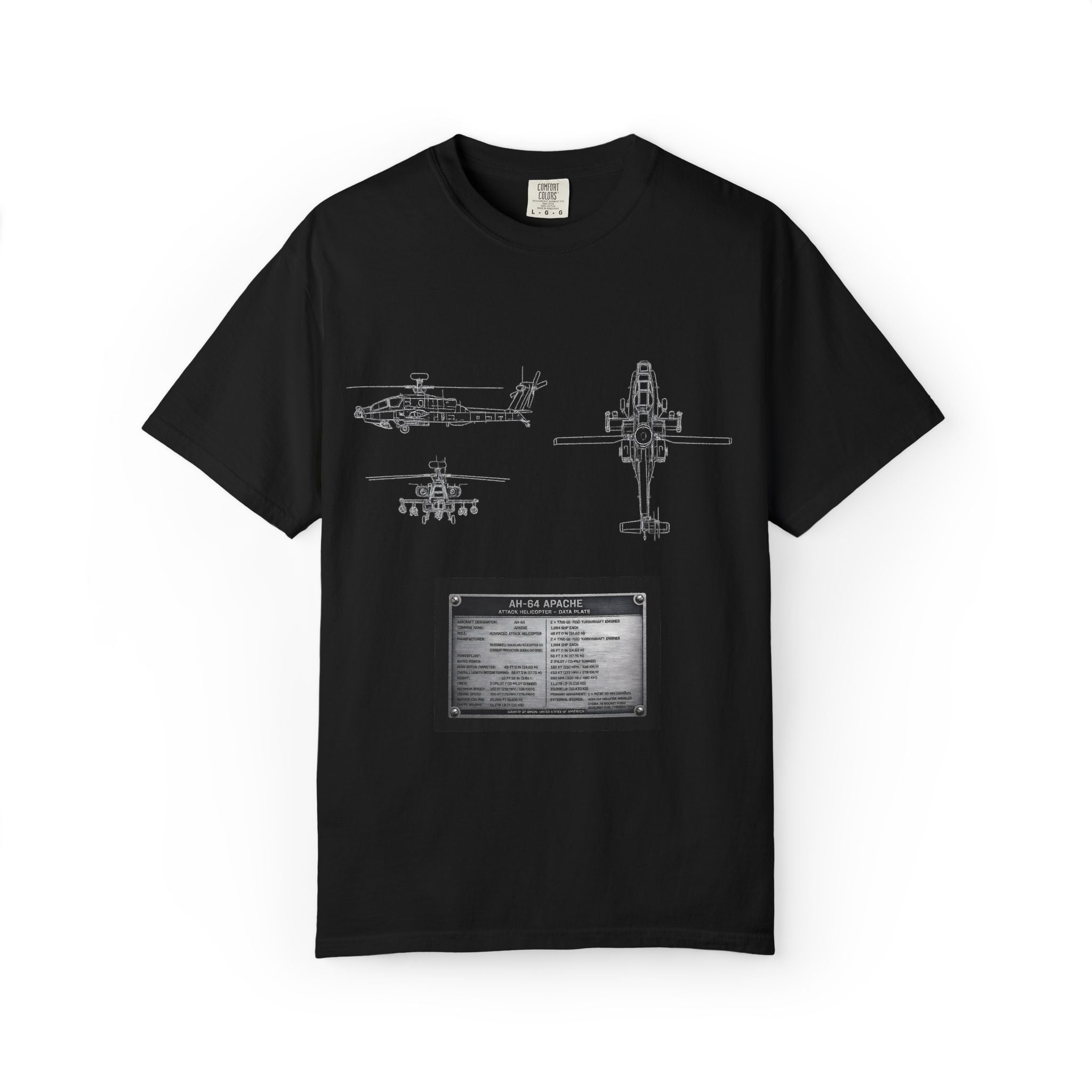 AH-64 Apache Helicopter Schematic T-shirt | Blueprint Military Diagram