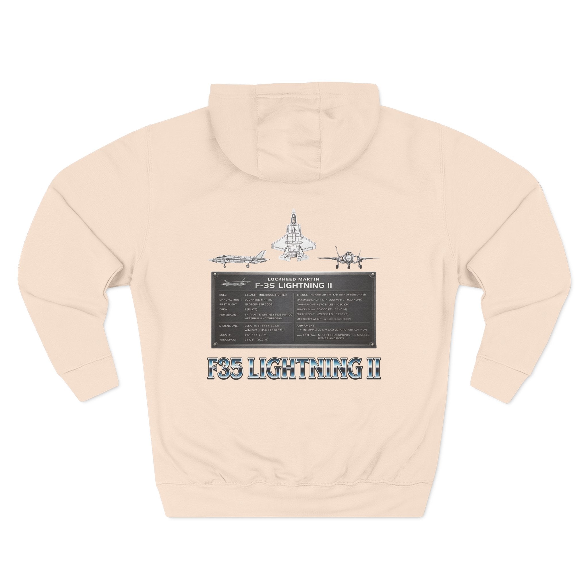 F35 Lightning II Hoodie Three-Panel Fleece Jet Fighter Design on back