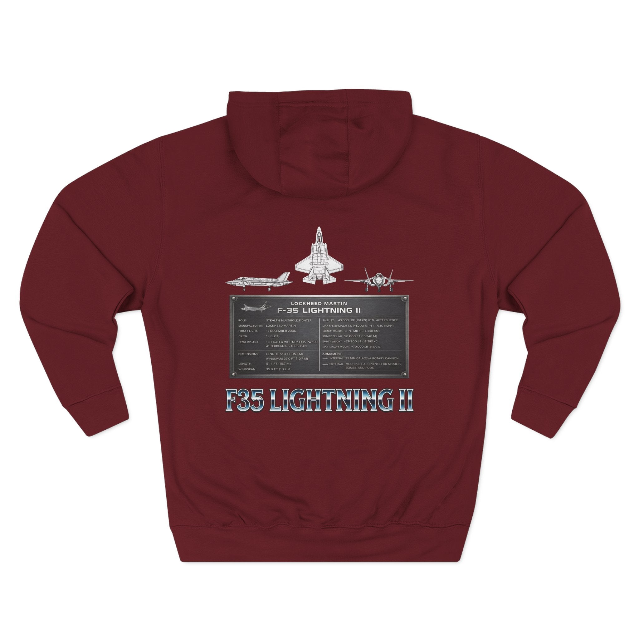 F35 Lightning II Hoodie Three-Panel Fleece Jet Fighter Design on back
