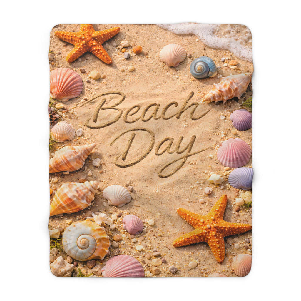 Beach Day Sherpa Fleece Blanket | Coastal Waves, Palm Tree Beach Theme Throw