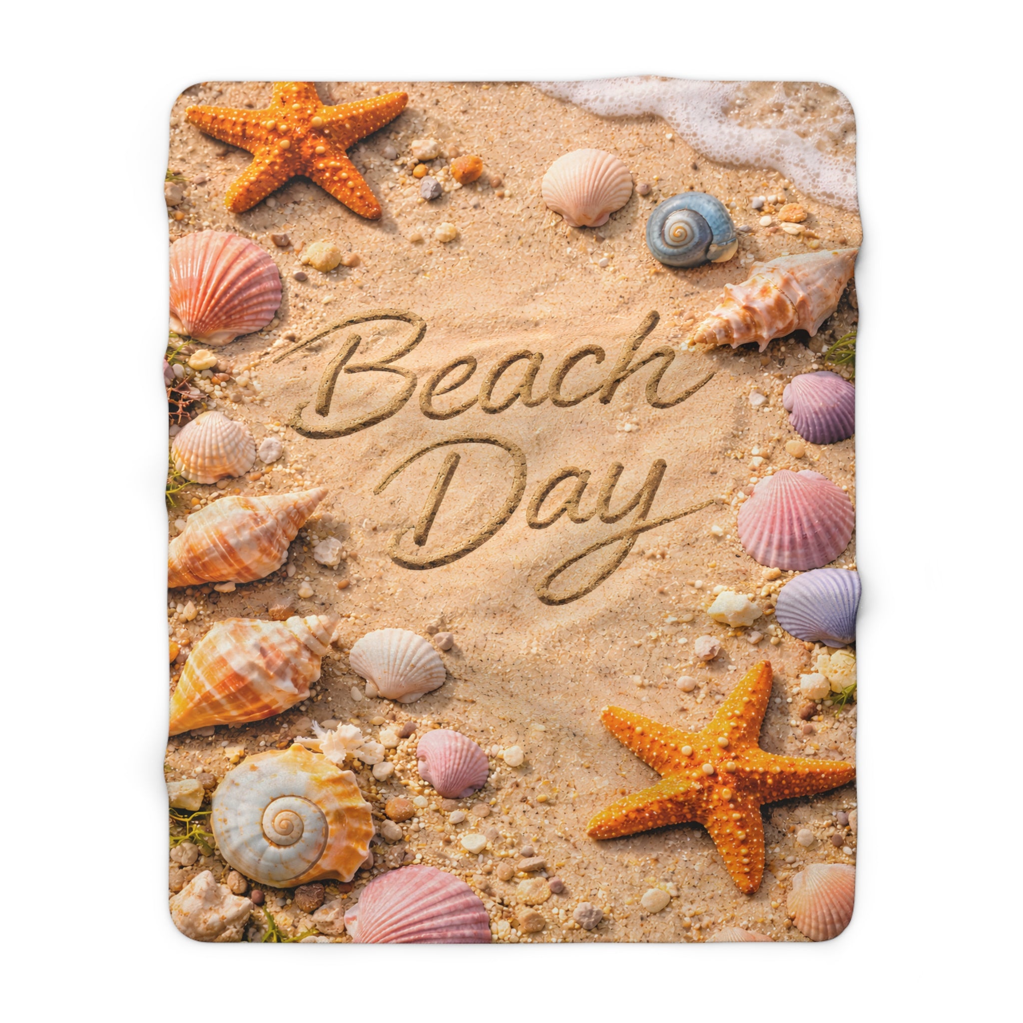 Beach Day Sherpa Fleece Blanket | Coastal Waves, Palm Tree Beach Theme Throw