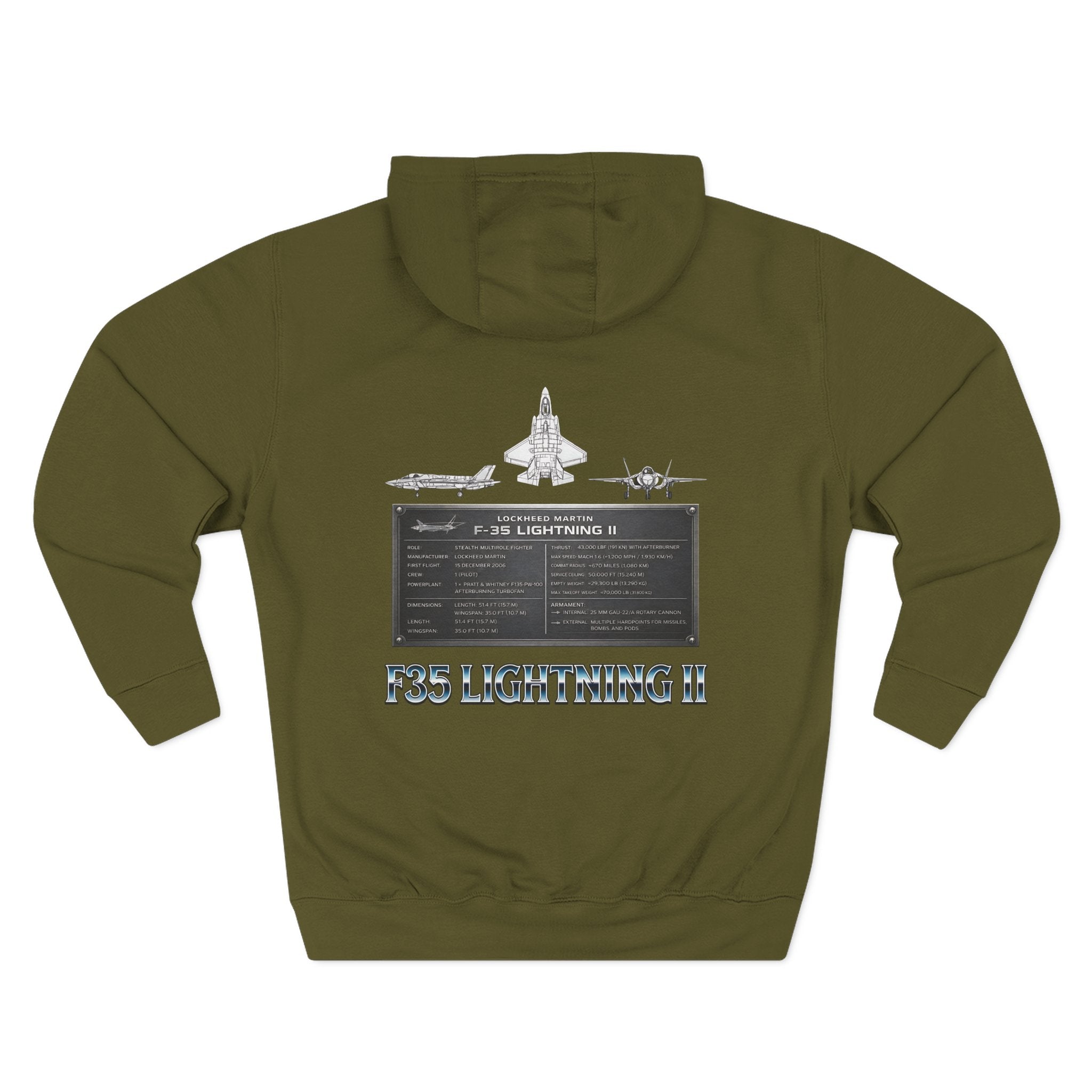 F35 Lightning II Hoodie Three-Panel Fleece Jet Fighter Design on back