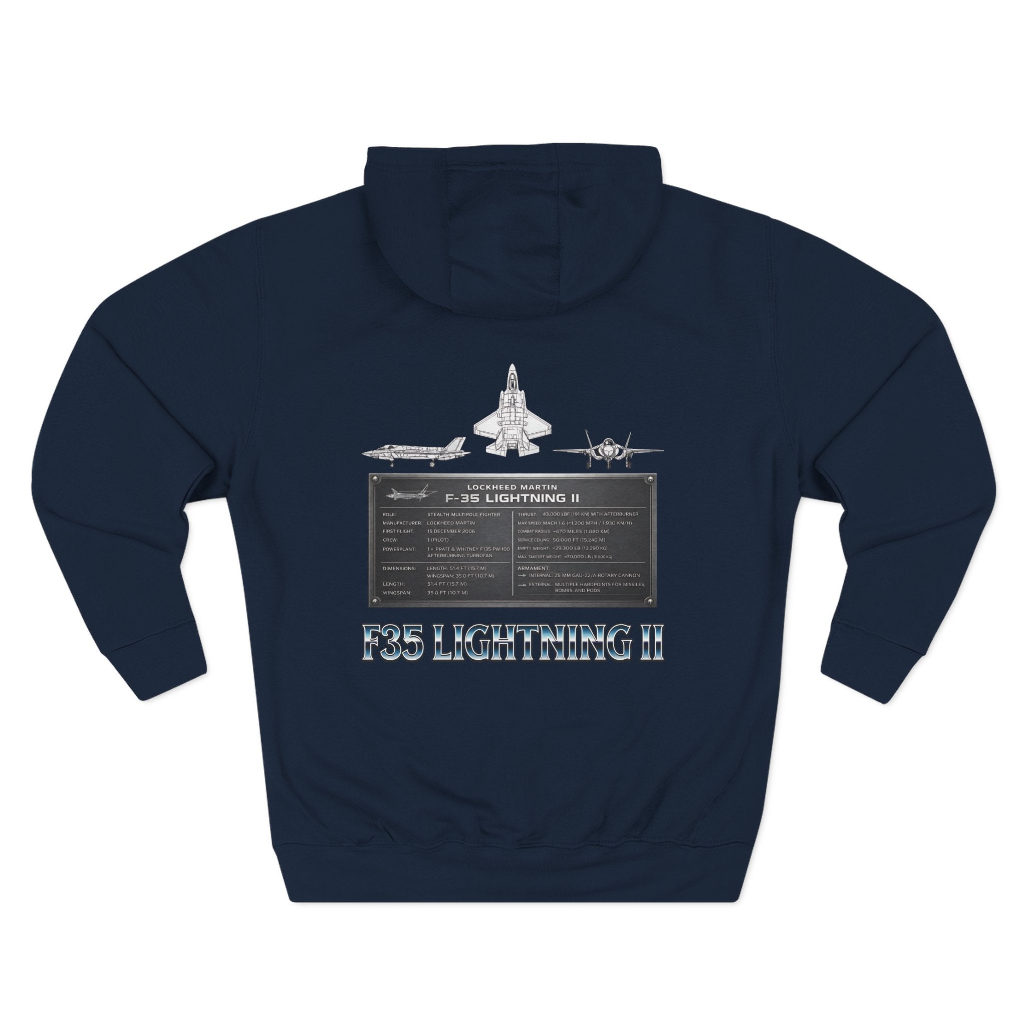 F35 Lightning II Hoodie Three-Panel Fleece Jet Fighter Design on back