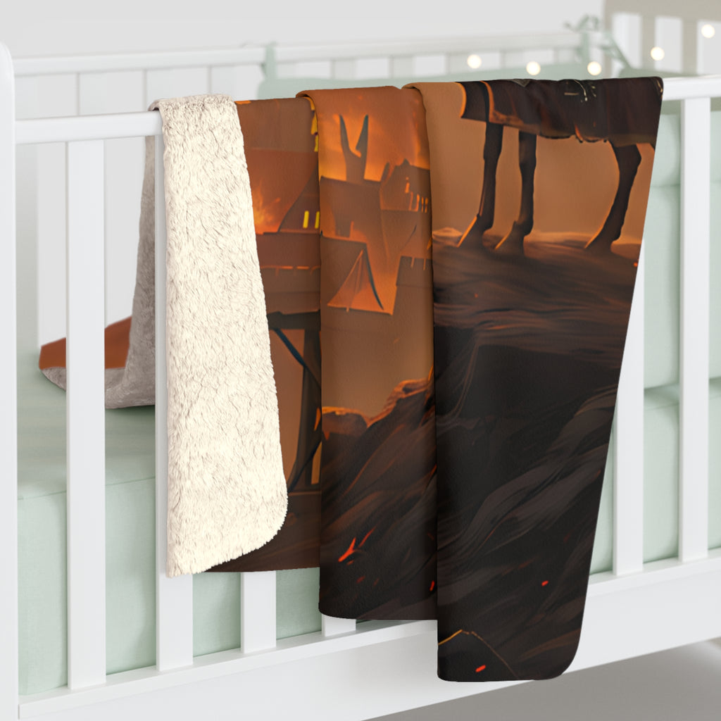 Medieval Knights Sherpa Fleece Blanket — Knights Overlooking Burning Town