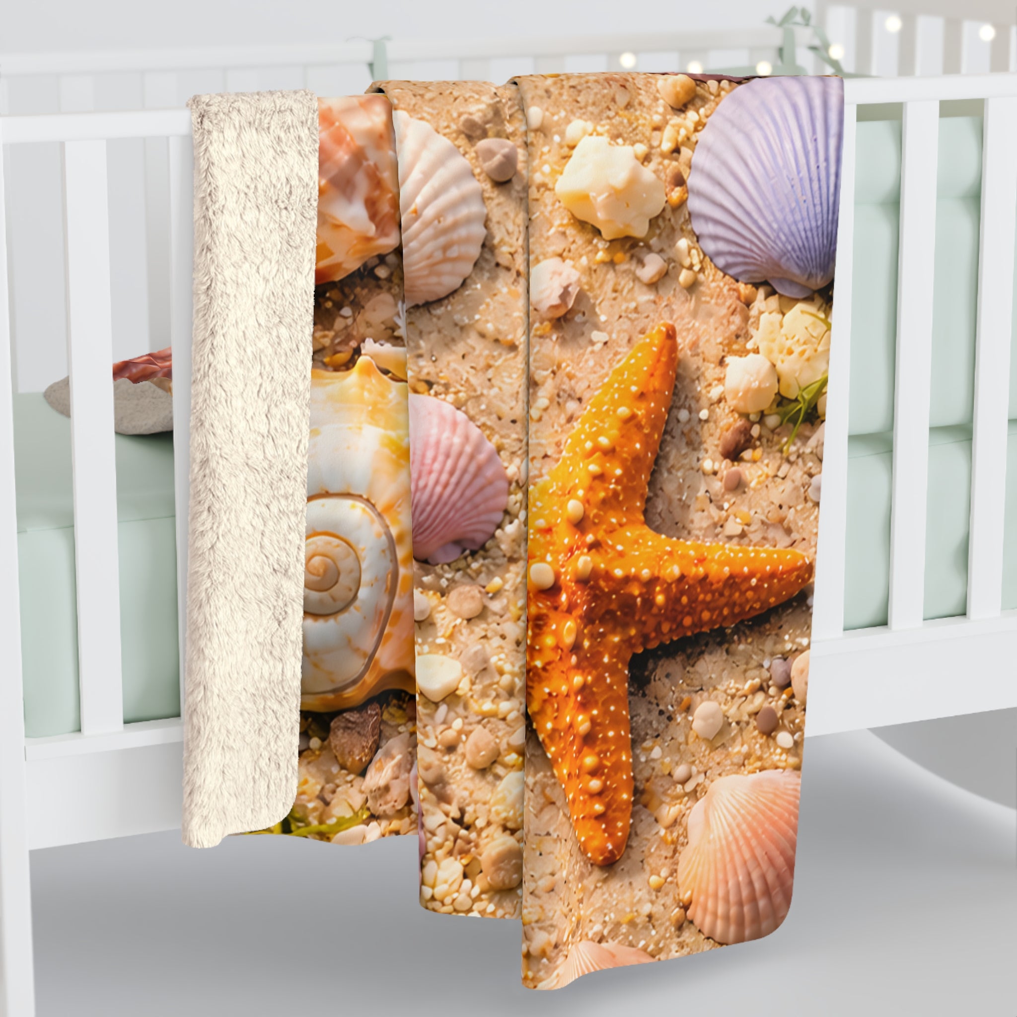 Beach Day Sherpa Fleece Blanket | Coastal Waves, Palm Tree Beach Theme Throw