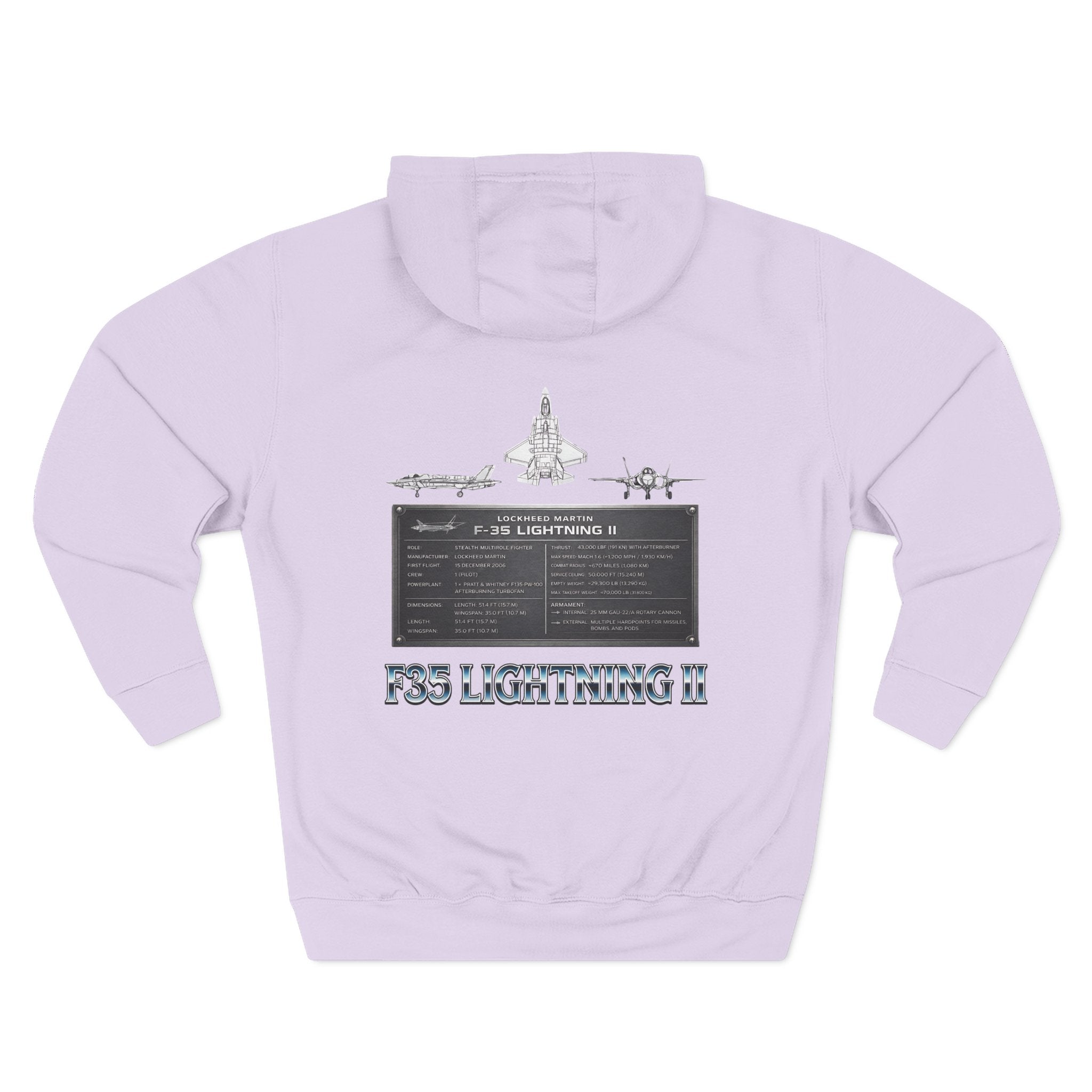 F35 Lightning II Hoodie Three-Panel Fleece Jet Fighter Design on back