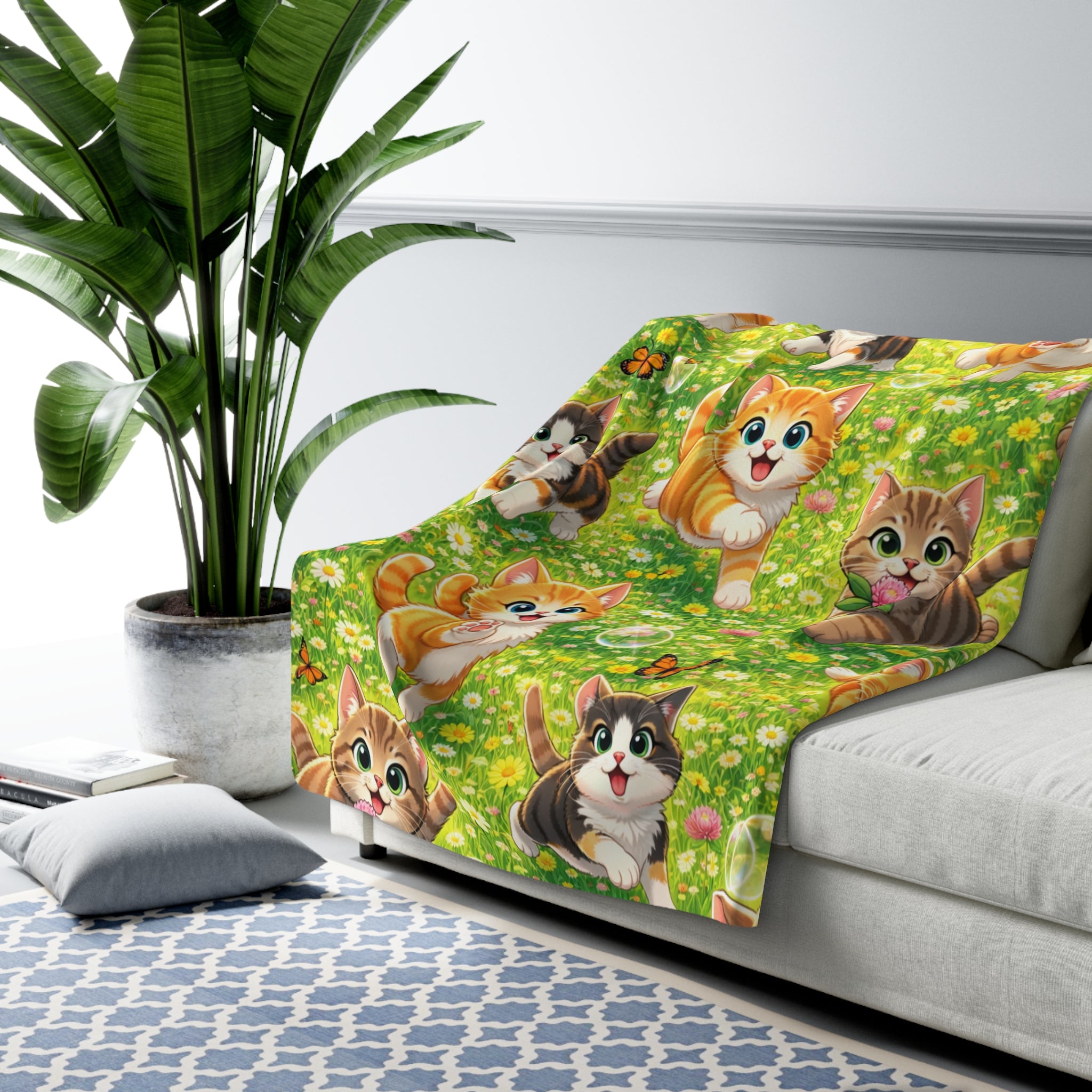 Playful Kittens Wrapped Pattern Sherpa Blanket | Whimsical Cat Throw