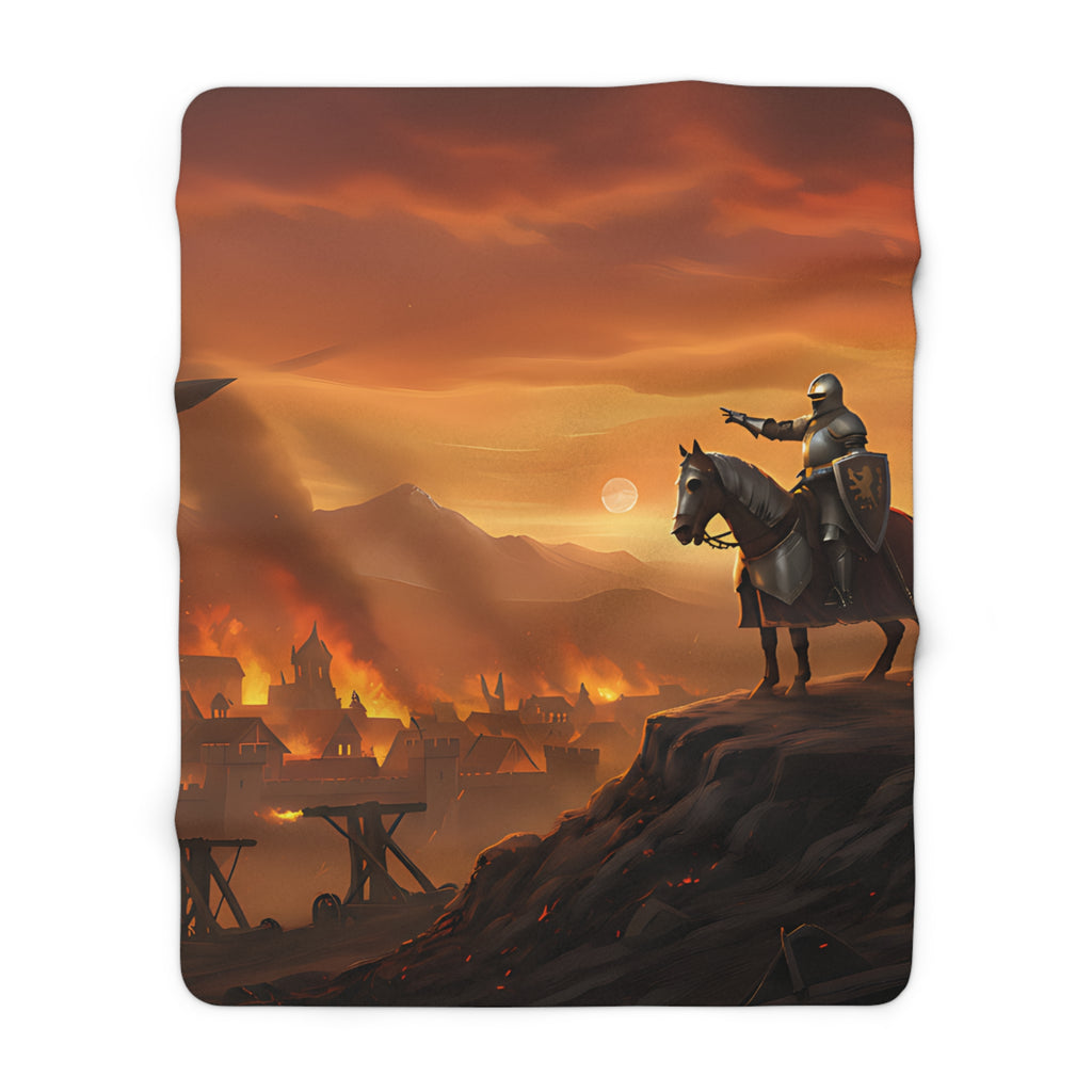 Medieval Knights Sherpa Fleece Blanket — Knights Overlooking Burning Town