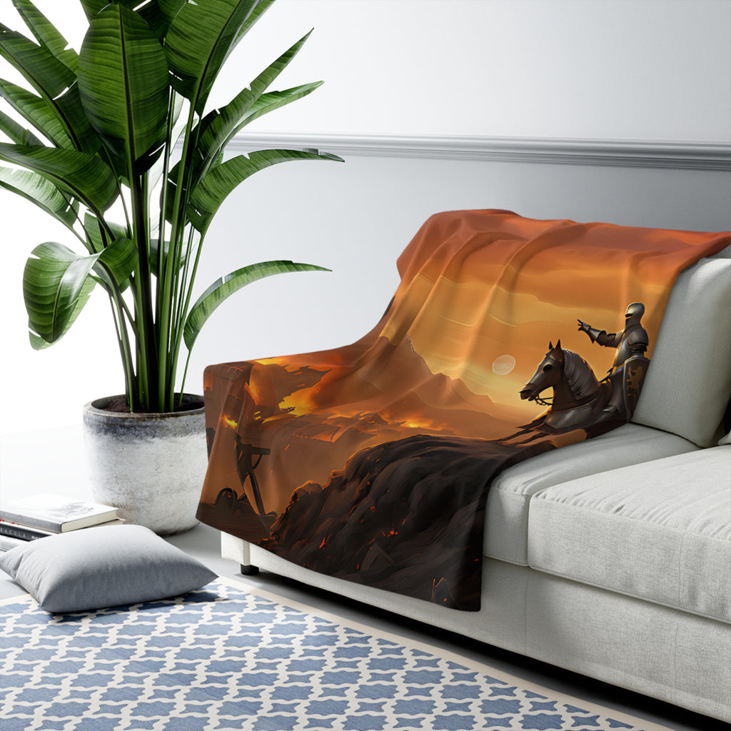 Medieval Knights Sherpa Fleece Blanket — Knights Overlooking Burning Town