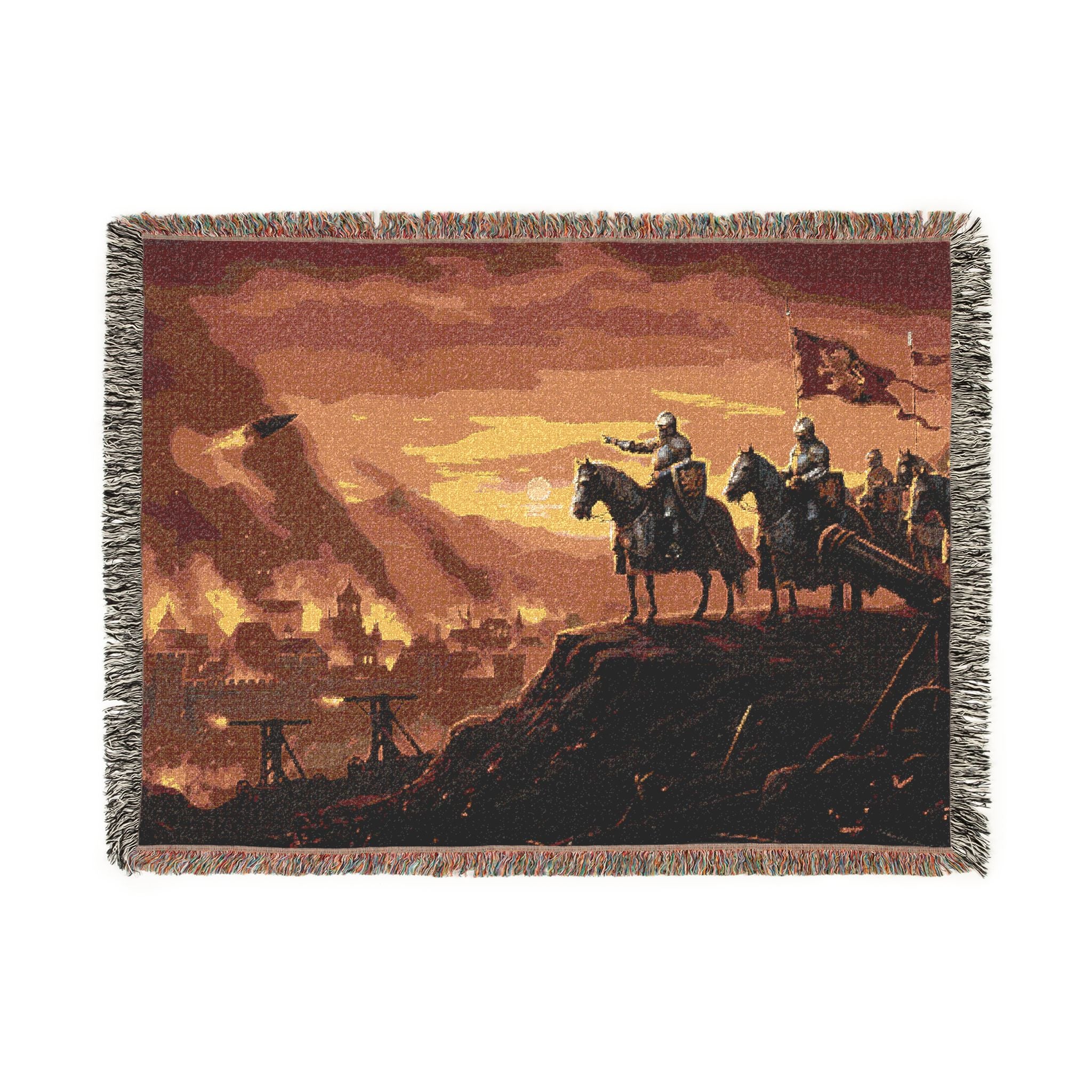 Medieval Knights Overlooking Conquest Woven Blanket