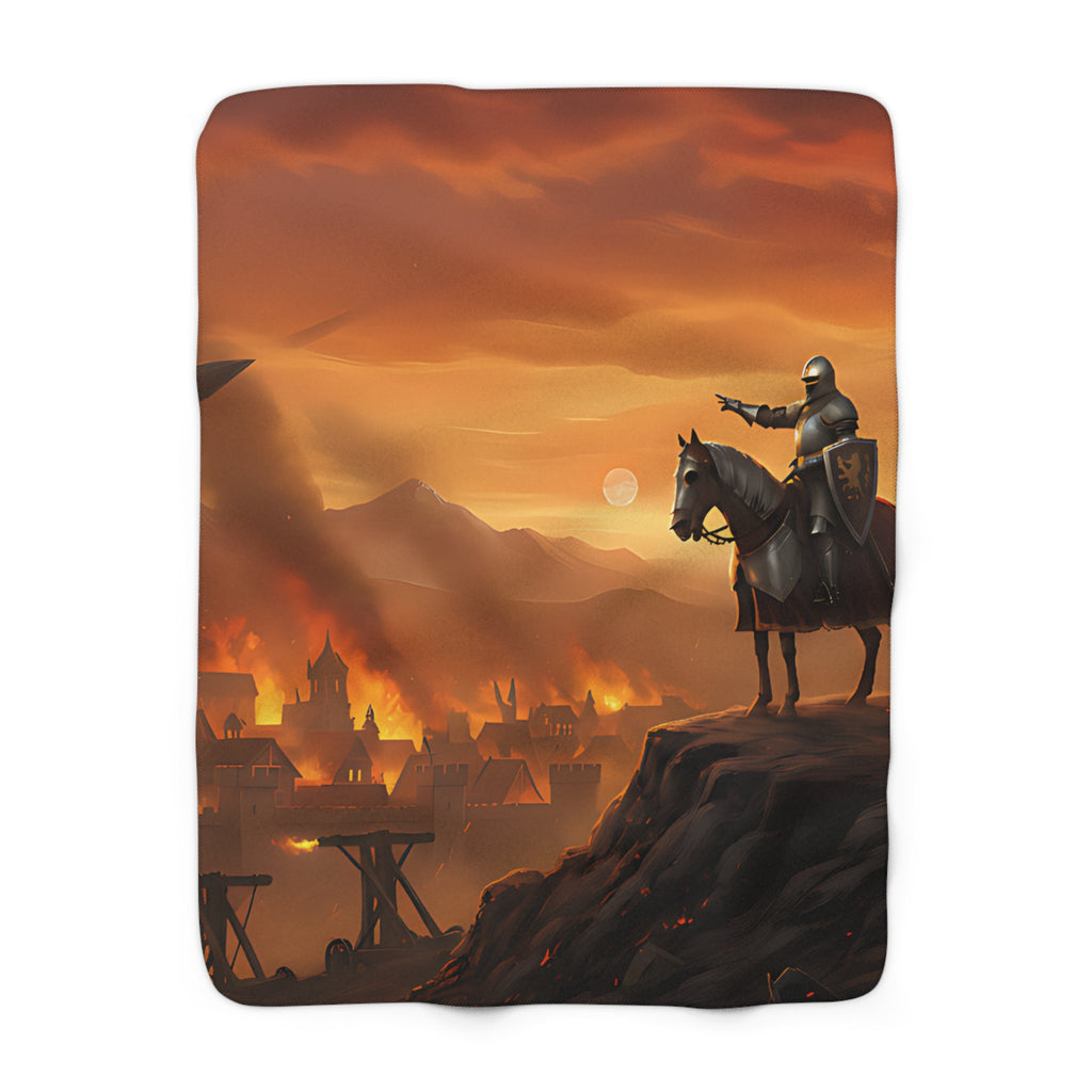 Medieval Knights Sherpa Fleece Blanket — Knights Overlooking Burning Town