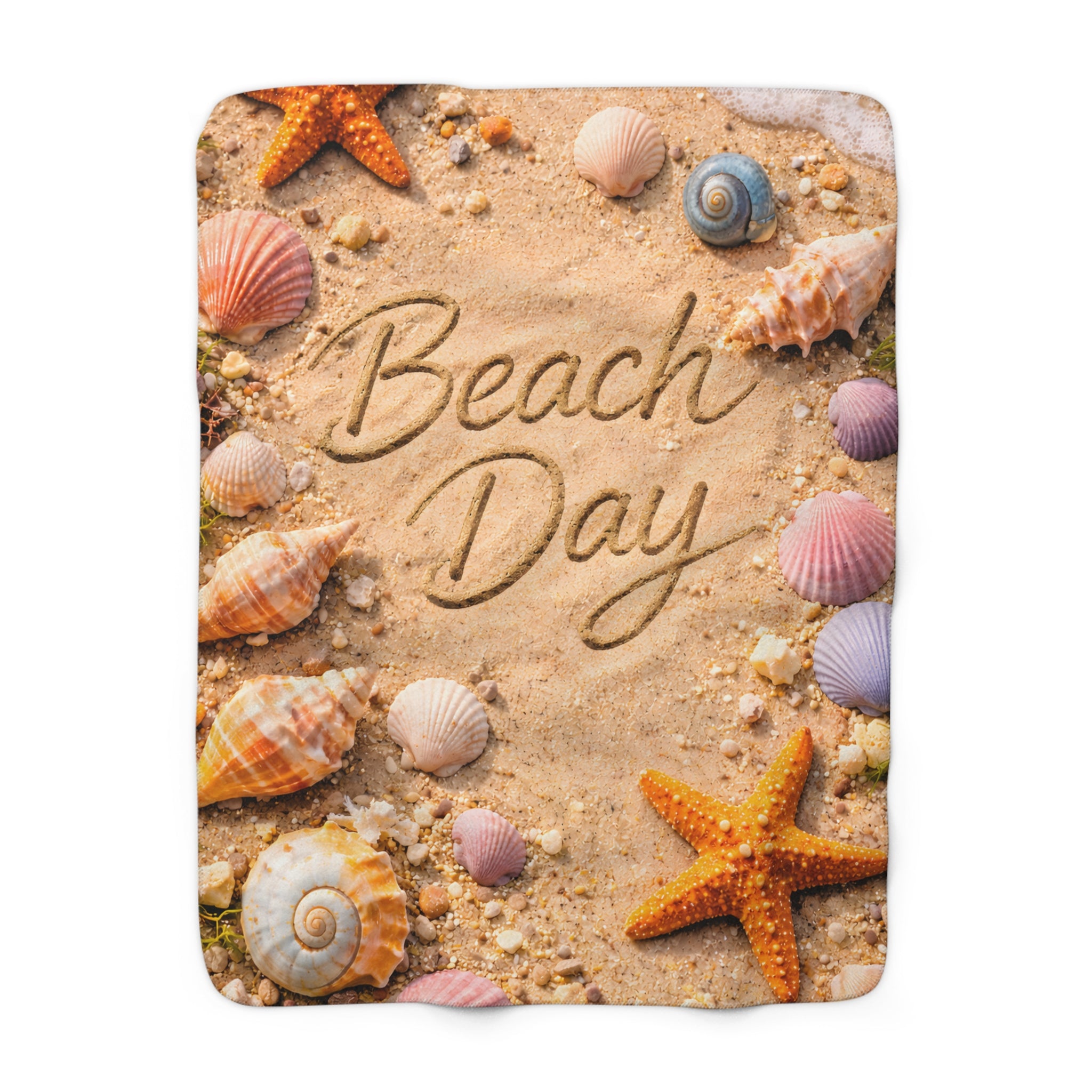 Beach Day Sherpa Fleece Blanket | Coastal Waves, Palm Tree Beach Theme Throw