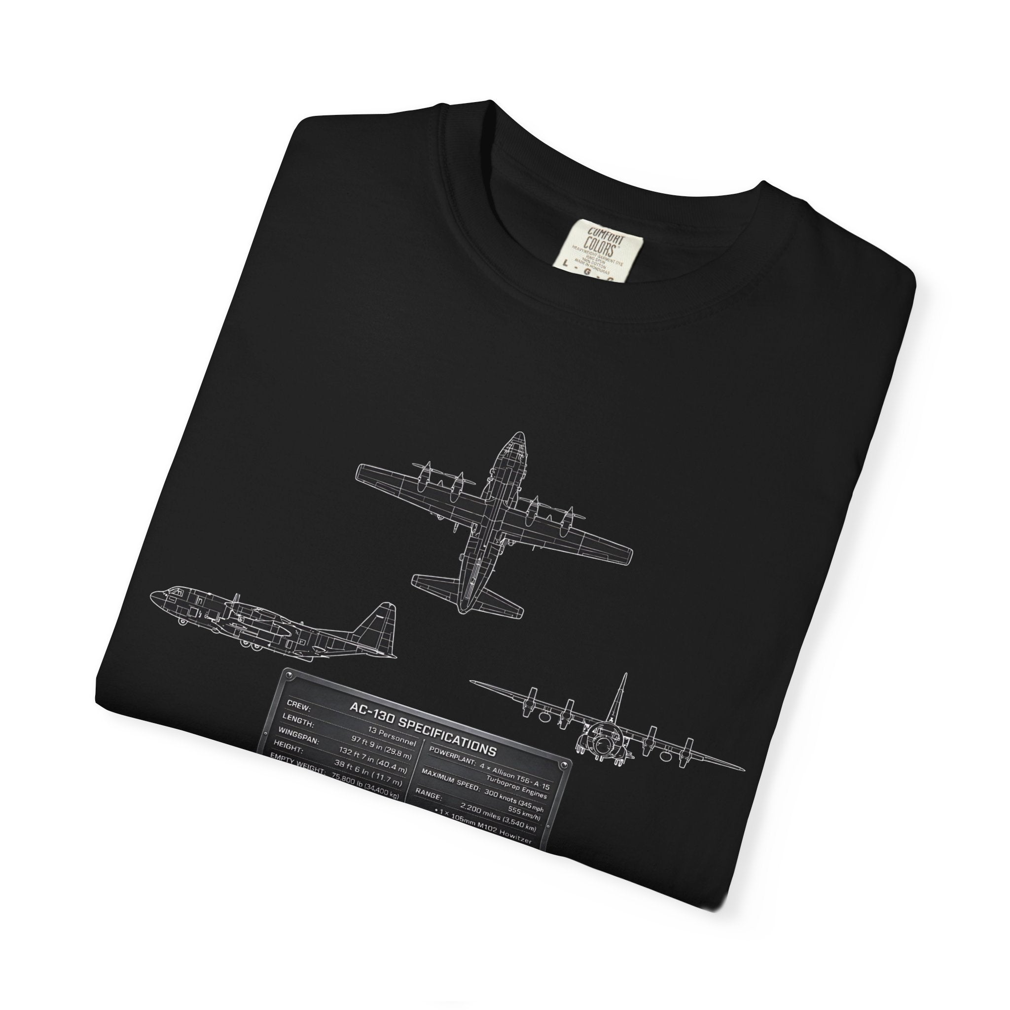 AC-130 Gunship Schematic Blueprint T-shirt | Angel of Death Diagram Military Aircraft