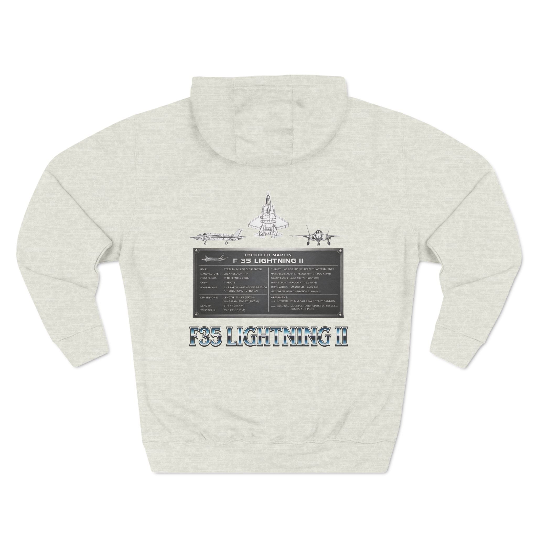 F35 Lightning II Hoodie Three-Panel Fleece Jet Fighter Design on back