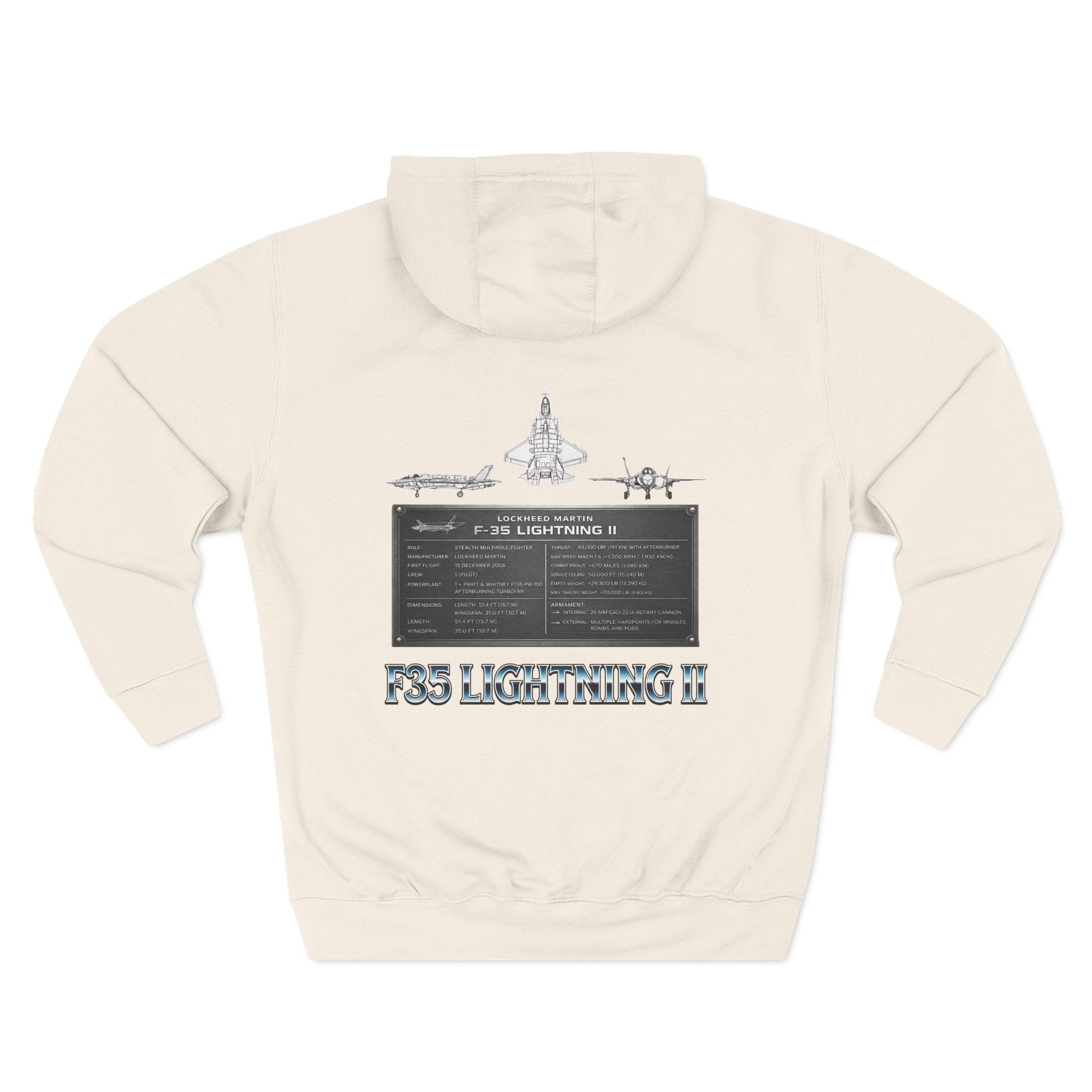 F35 Lightning II Hoodie Three-Panel Fleece Jet Fighter Design on back