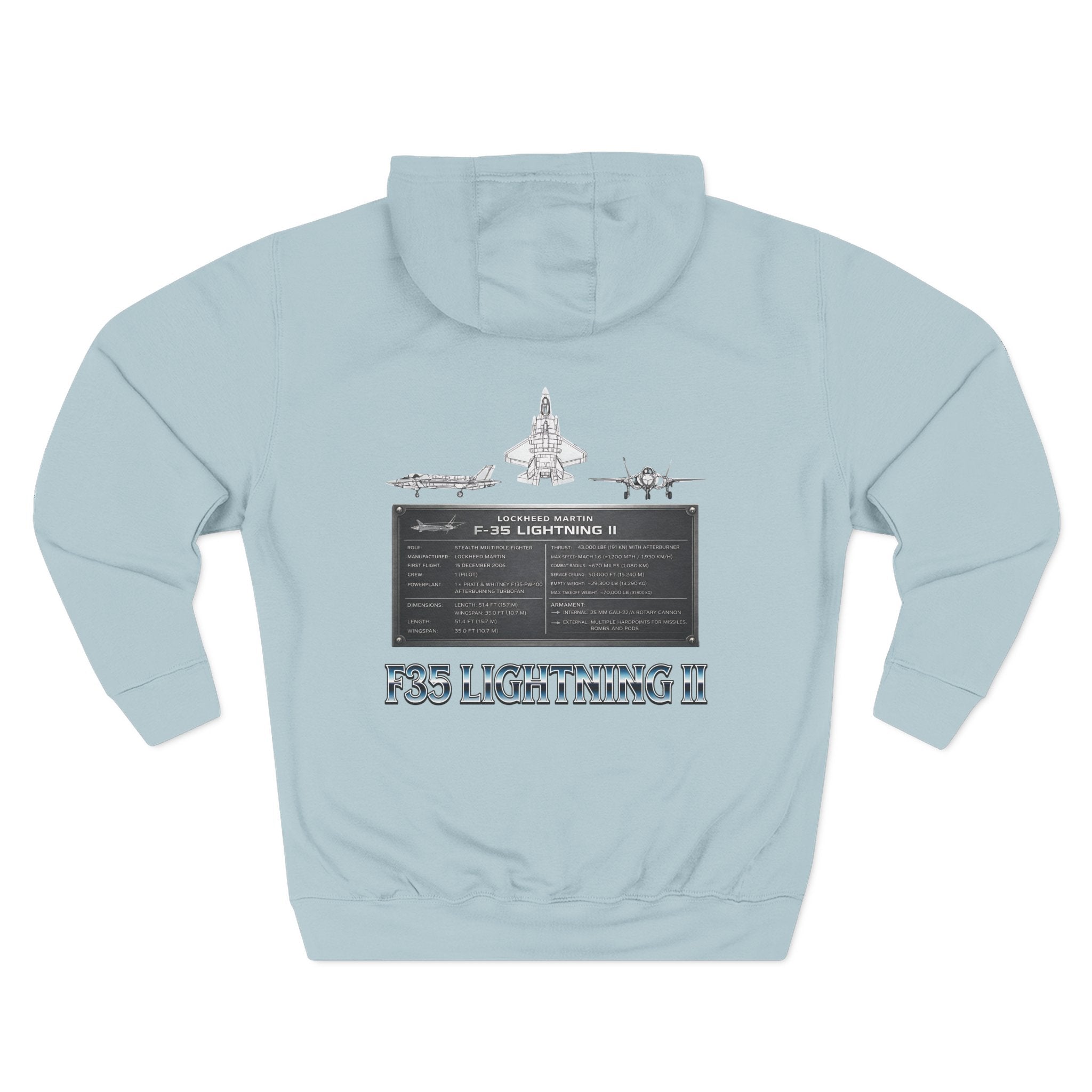 F35 Lightning II Hoodie Three-Panel Fleece Jet Fighter Design on back