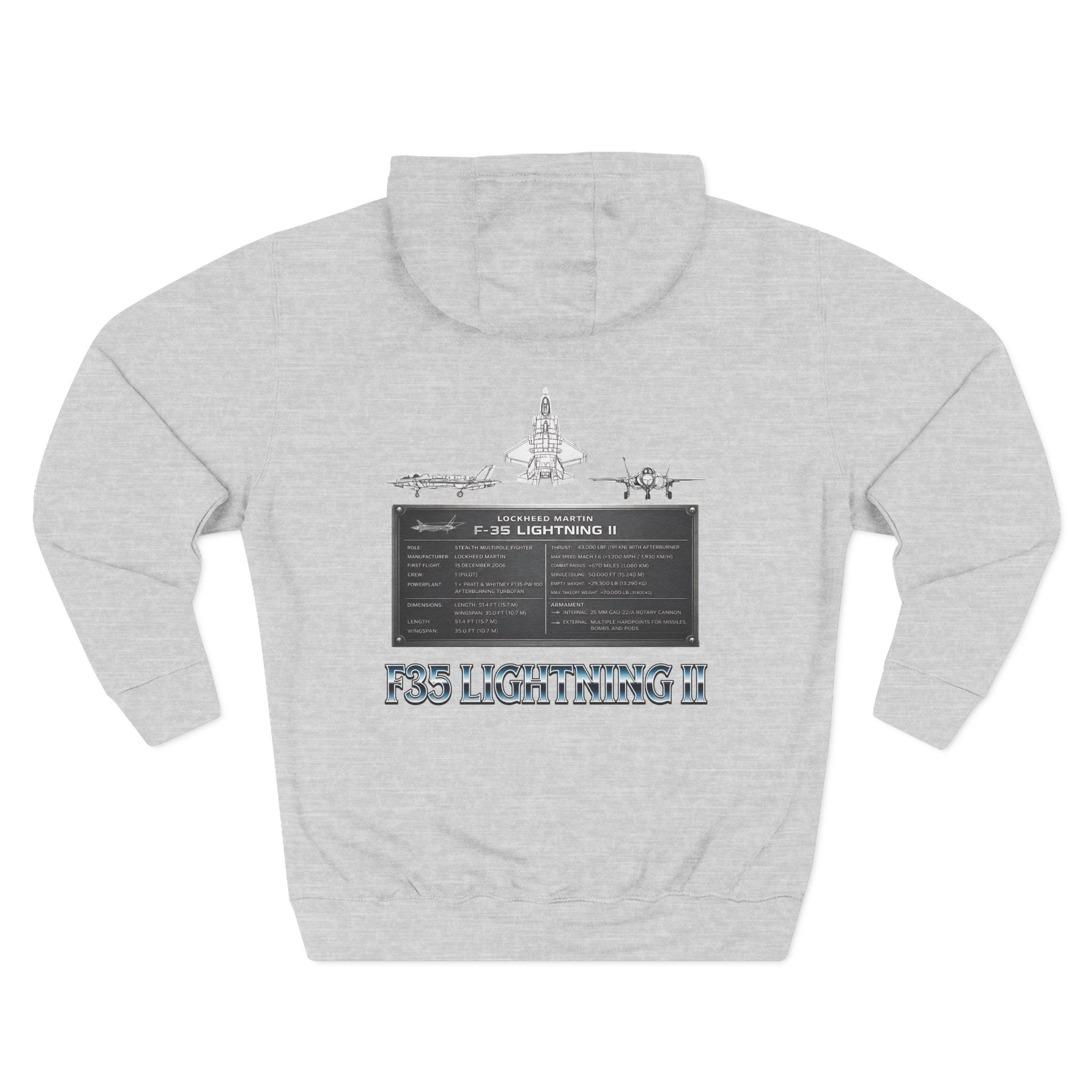 F35 Lightning II Hoodie Three-Panel Fleece Jet Fighter Design on back