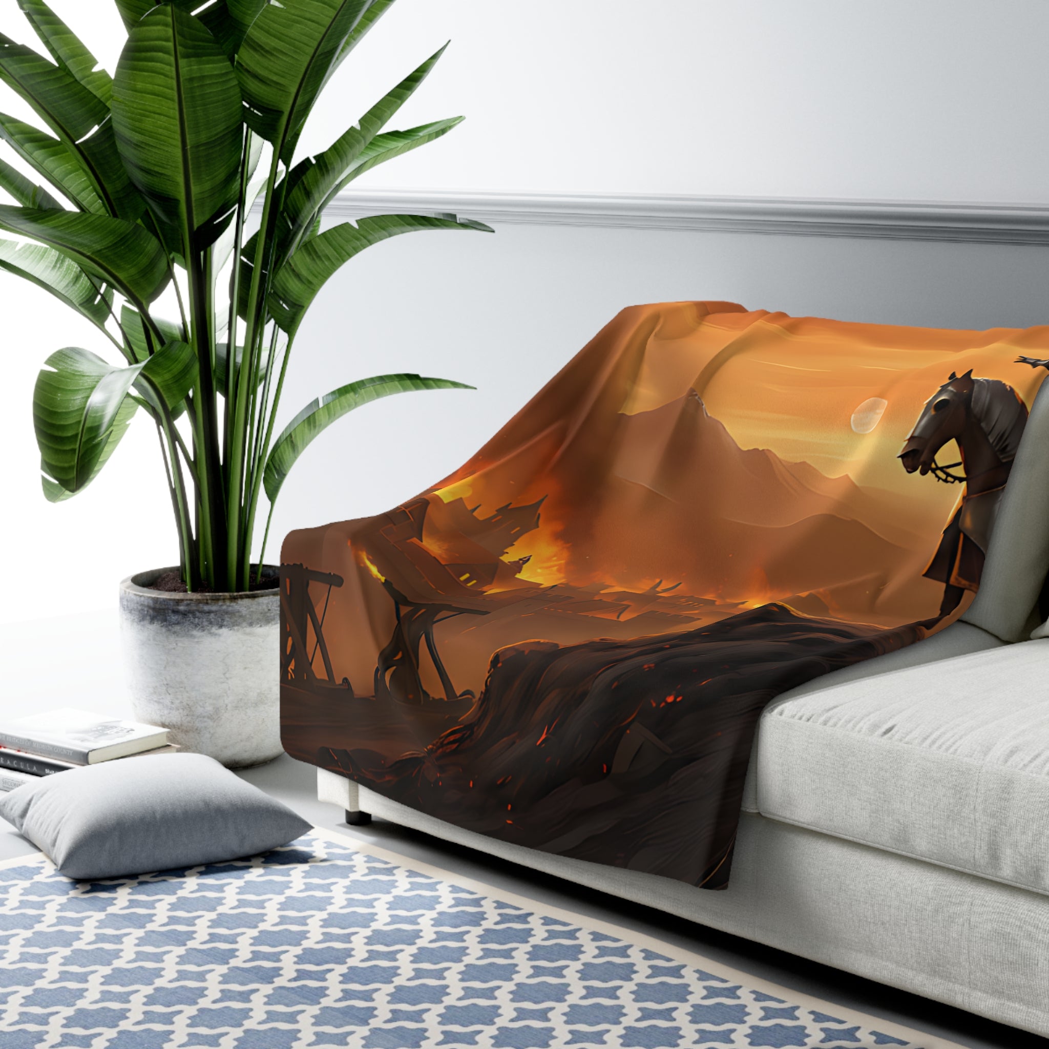 Medieval Knights Sherpa Fleece Blanket — Knights Overlooking Burning Town