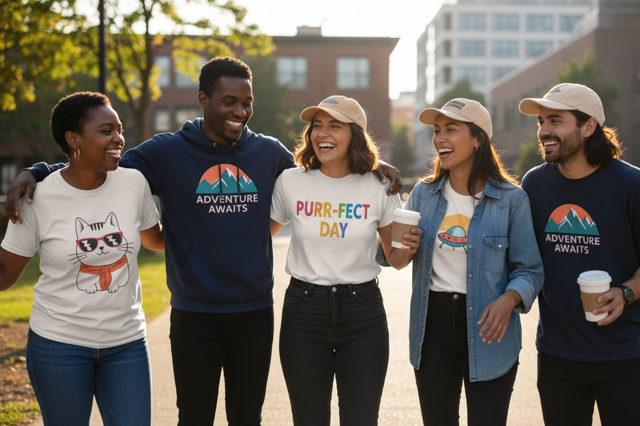 Happy people wearing print-on-demand products
