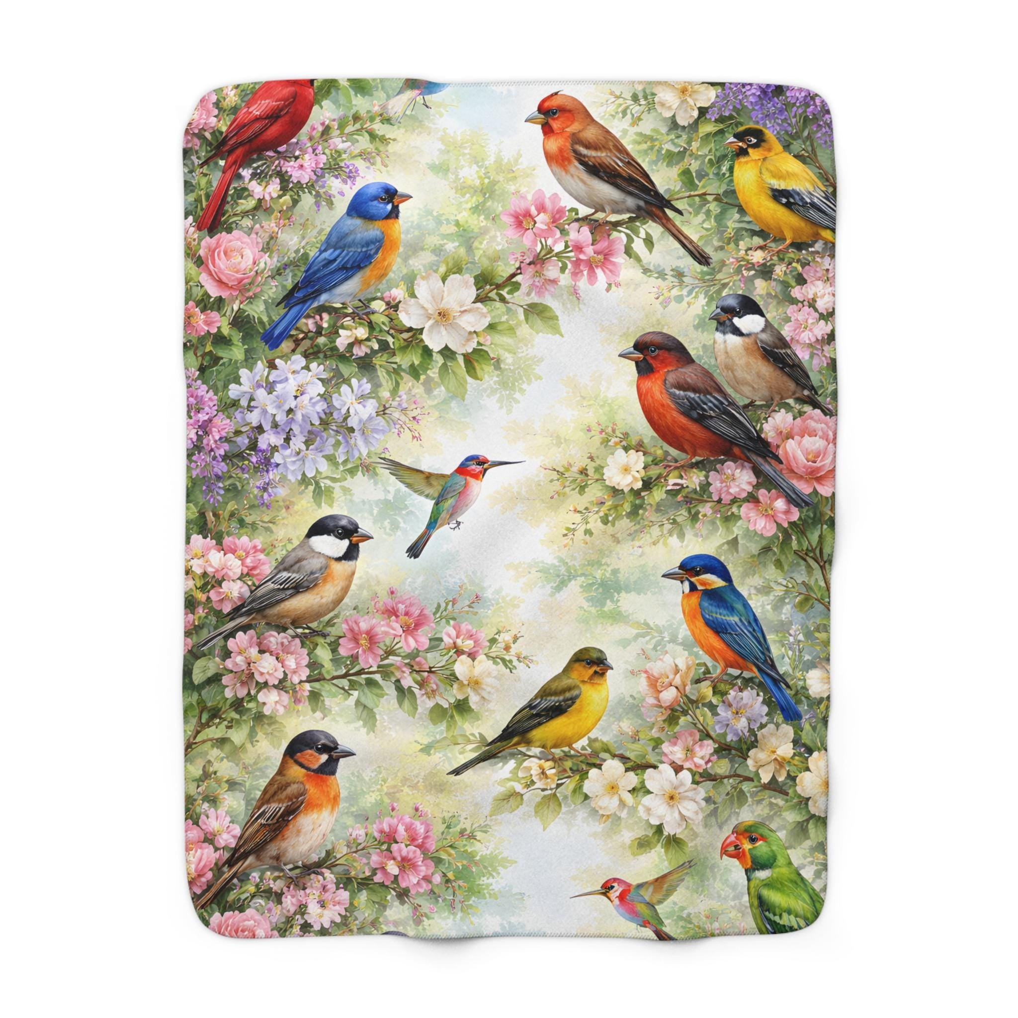 Floral Bird Sherpa Fleece Blanket | Watercolor Spring Design