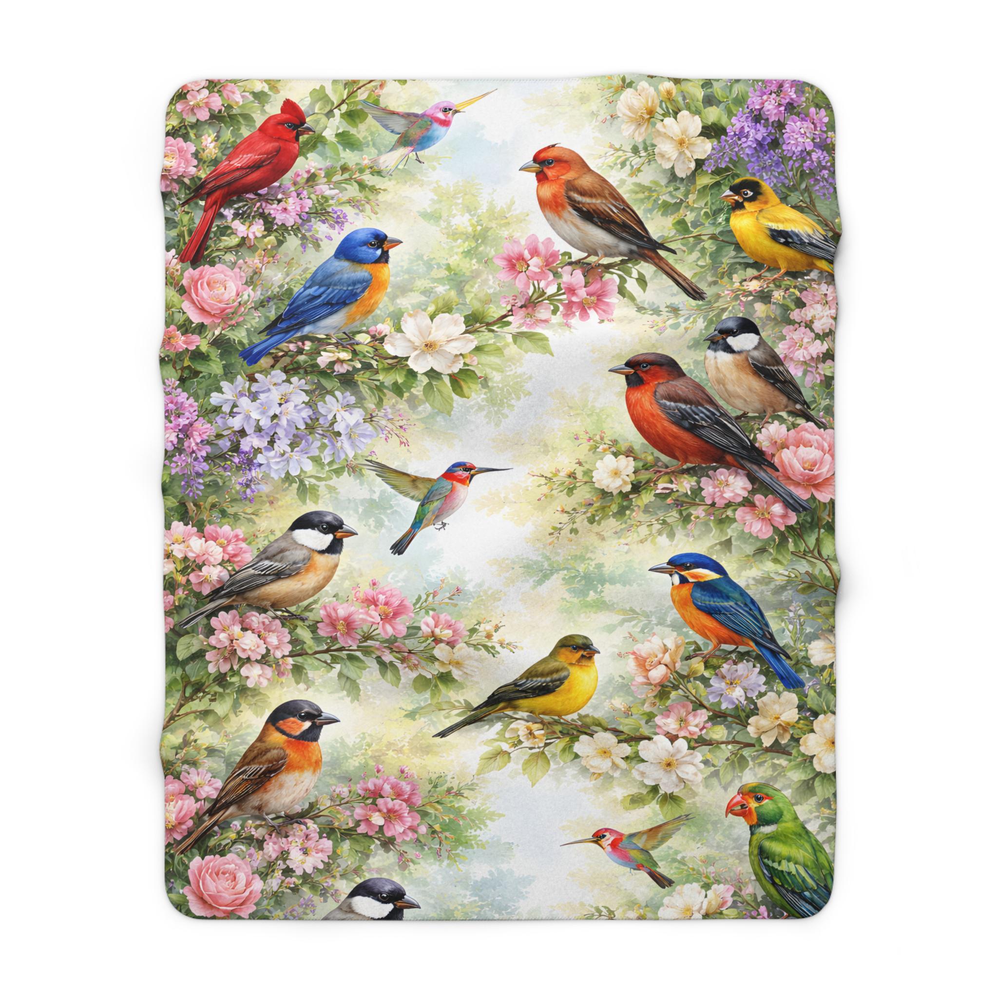 Floral Bird Sherpa Fleece Blanket | Watercolor Spring Design