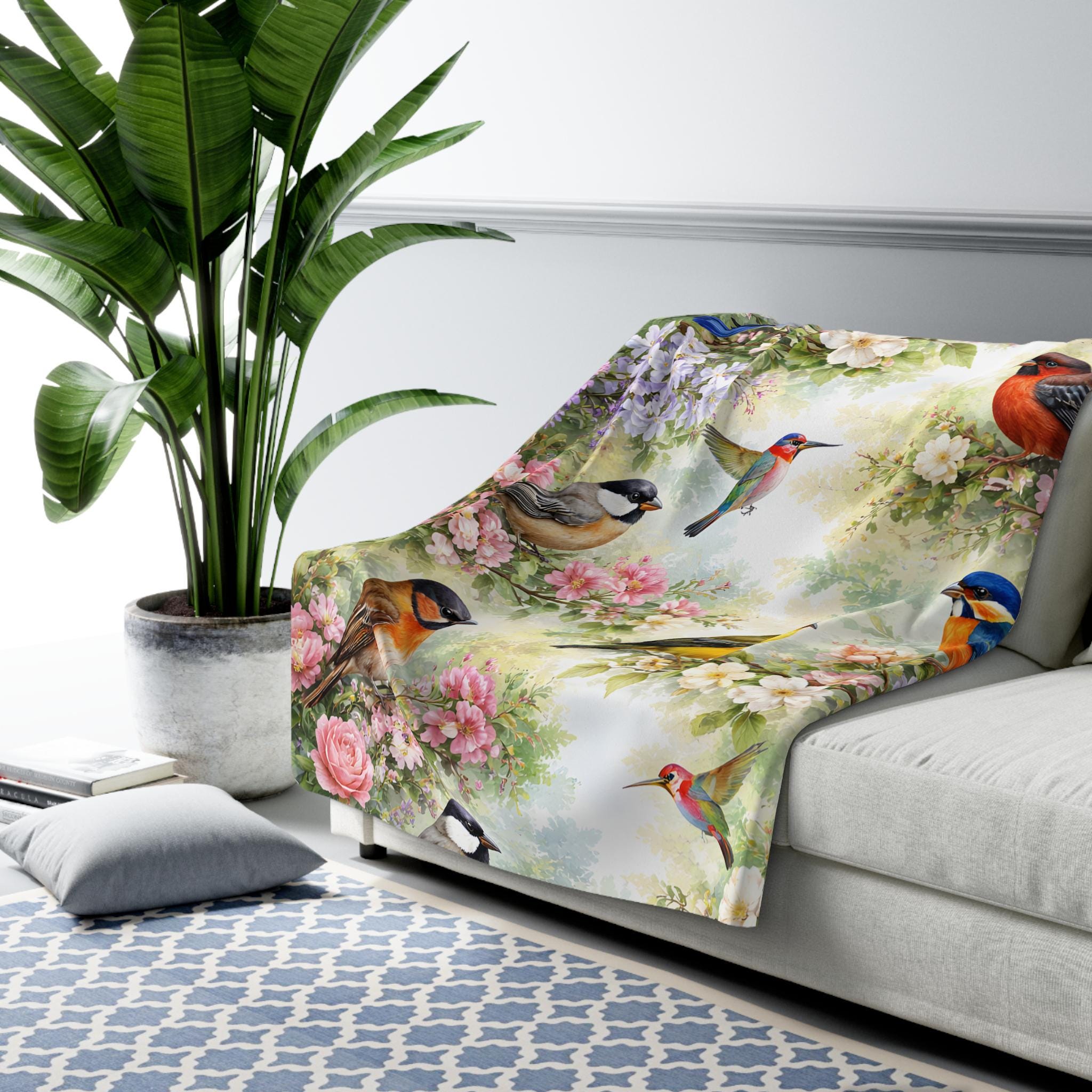Floral Bird Sherpa Fleece Blanket | Watercolor Spring Design