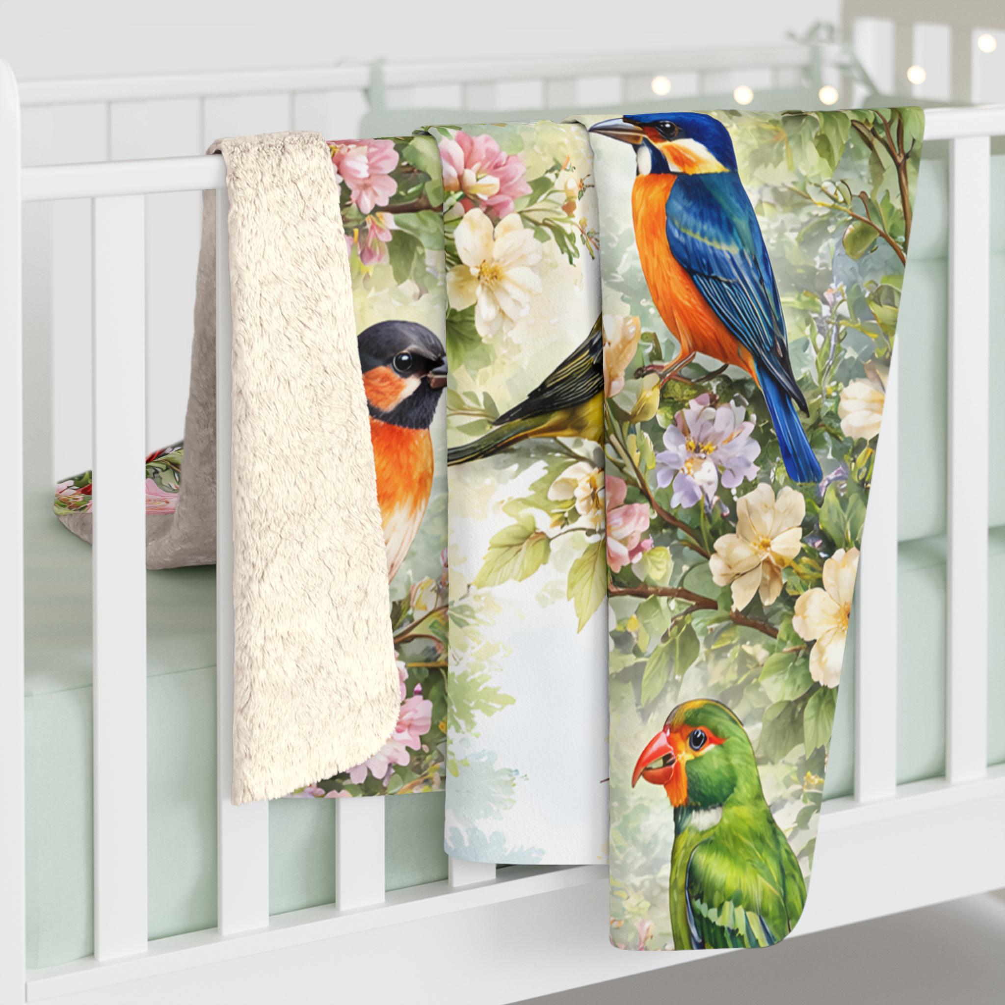 Floral Bird Sherpa Fleece Blanket | Watercolor Spring Design