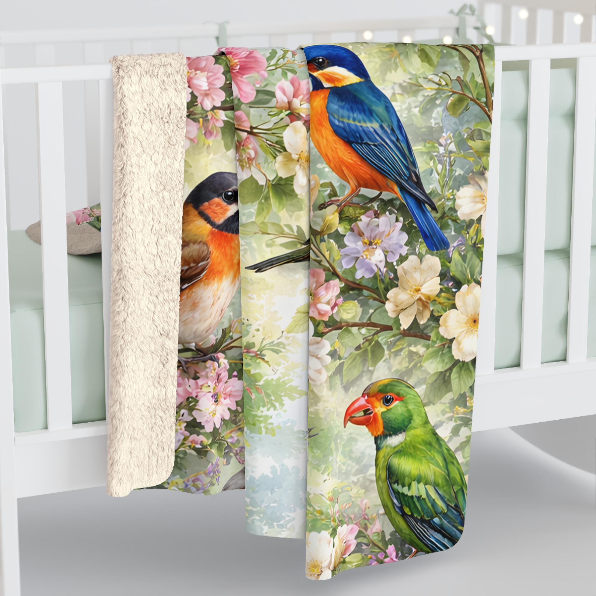 Floral Bird Sherpa Fleece Blanket | Watercolor Spring Design