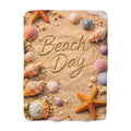 Beach Day Sherpa Fleece Blanket | Coastal Waves, Palm Tree Beach Theme Throw