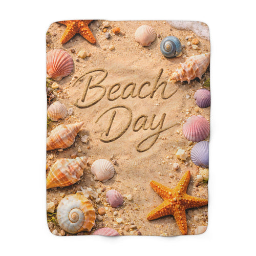 Beach Day Sherpa Fleece Blanket | Coastal Waves, Palm Tree Beach Theme Throw