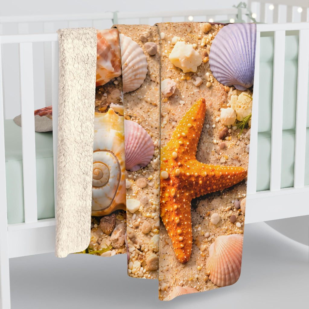 Beach Day Sherpa Fleece Blanket | Coastal Waves, Palm Tree Beach Theme Throw