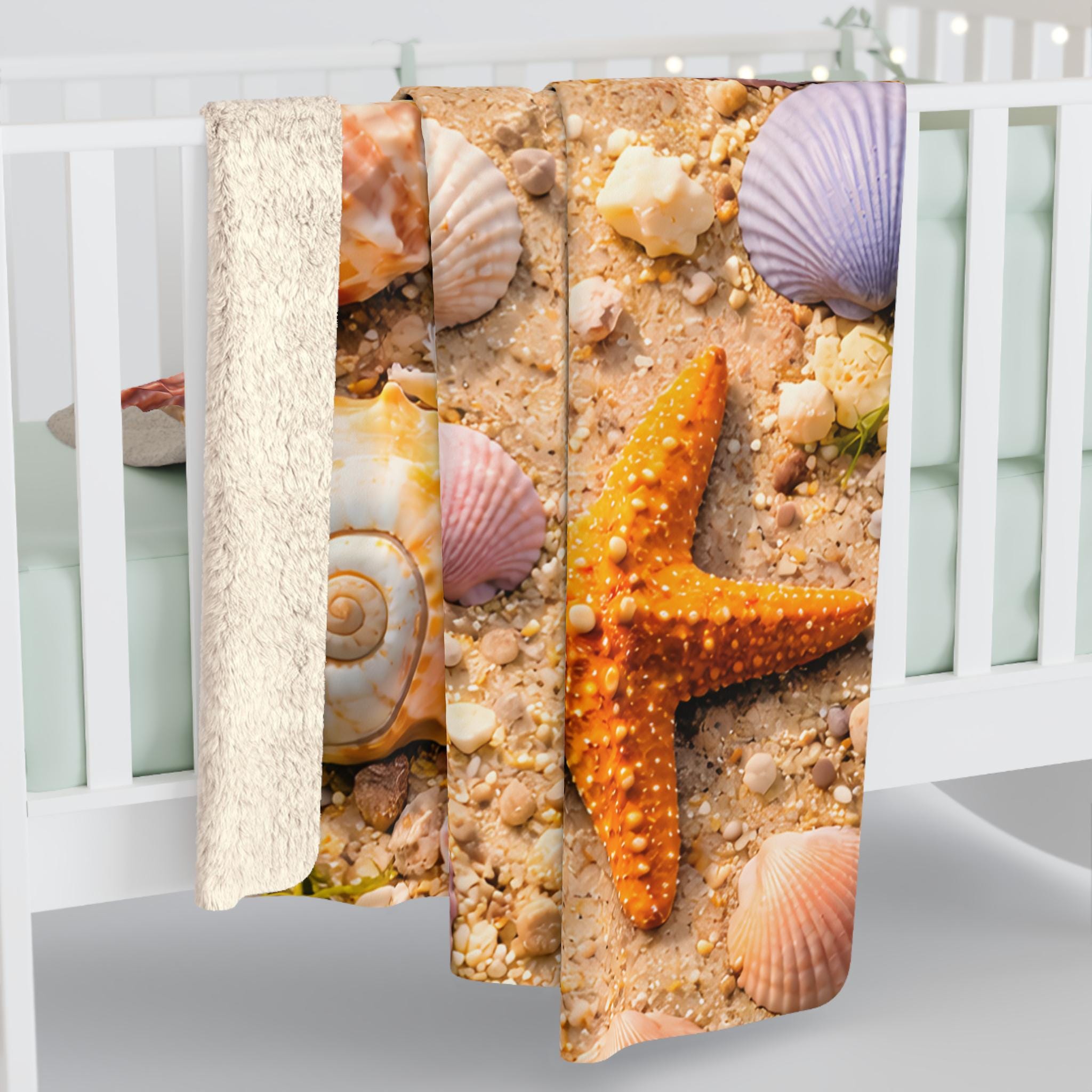 Beach Day Sherpa Fleece Blanket | Coastal Waves, Palm Tree Beach Theme Throw