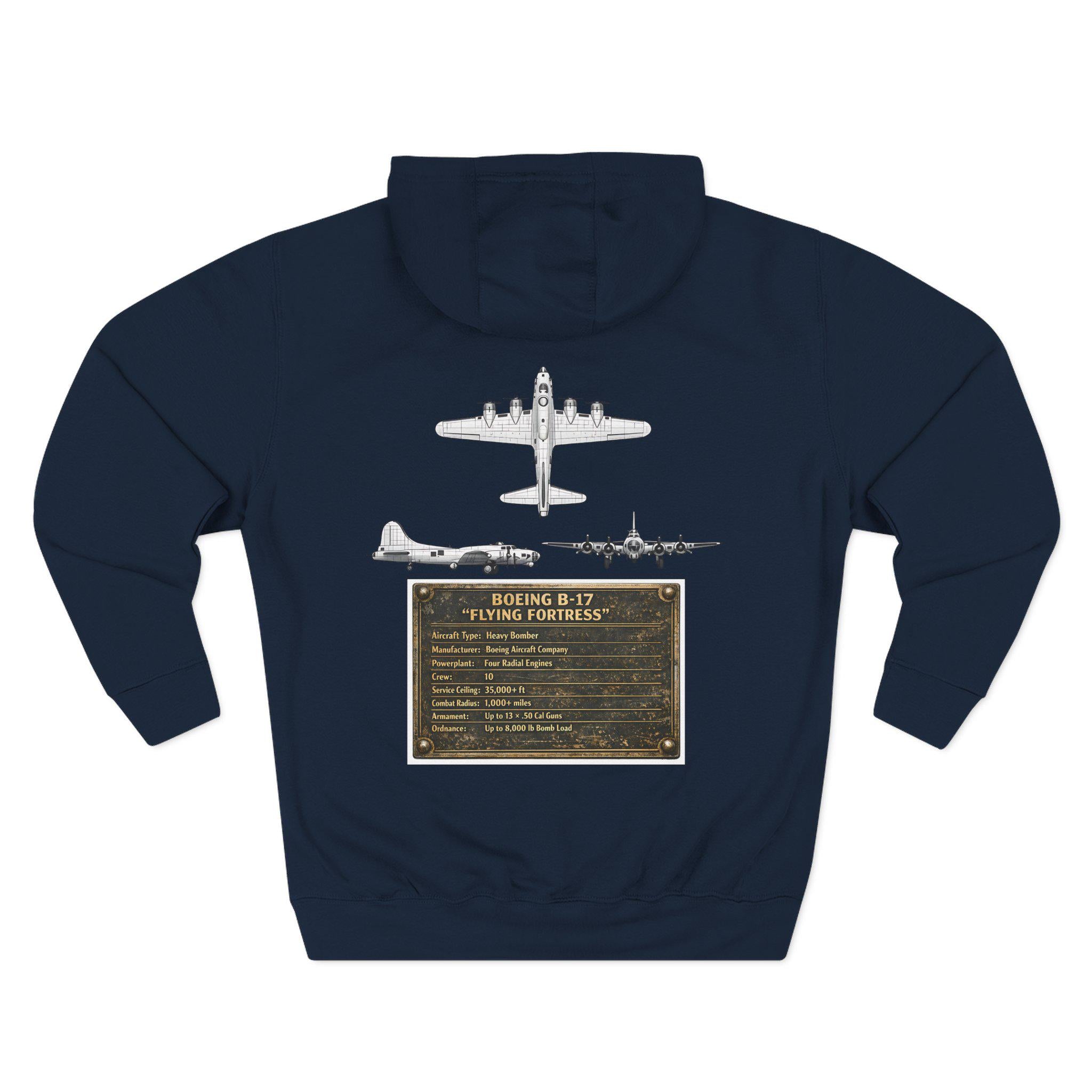 B17 Bomber Schematic Hoodie, design on back Vintage Airplane Enthusiast Pullover