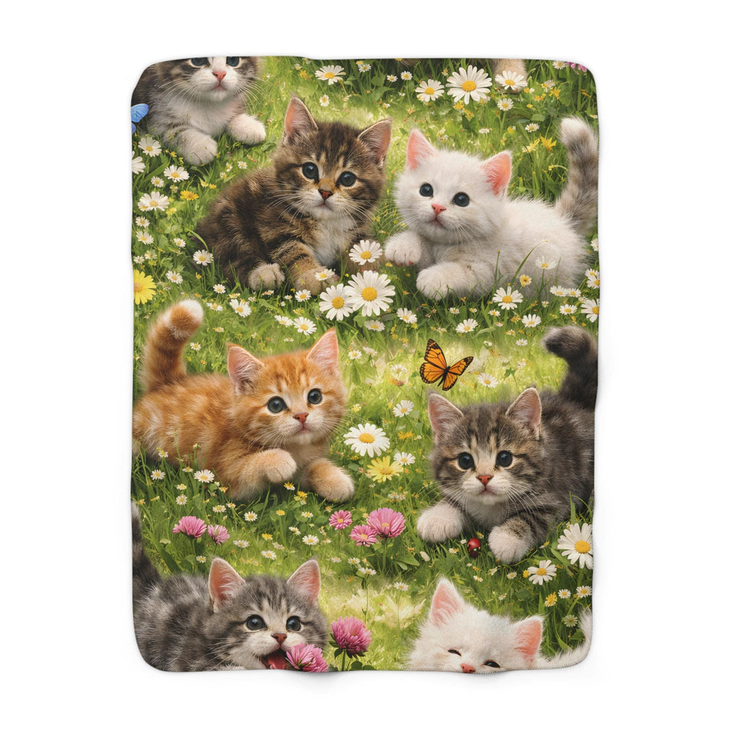Playful Kittens with Flowers and Butterflies Sherpa Blanket