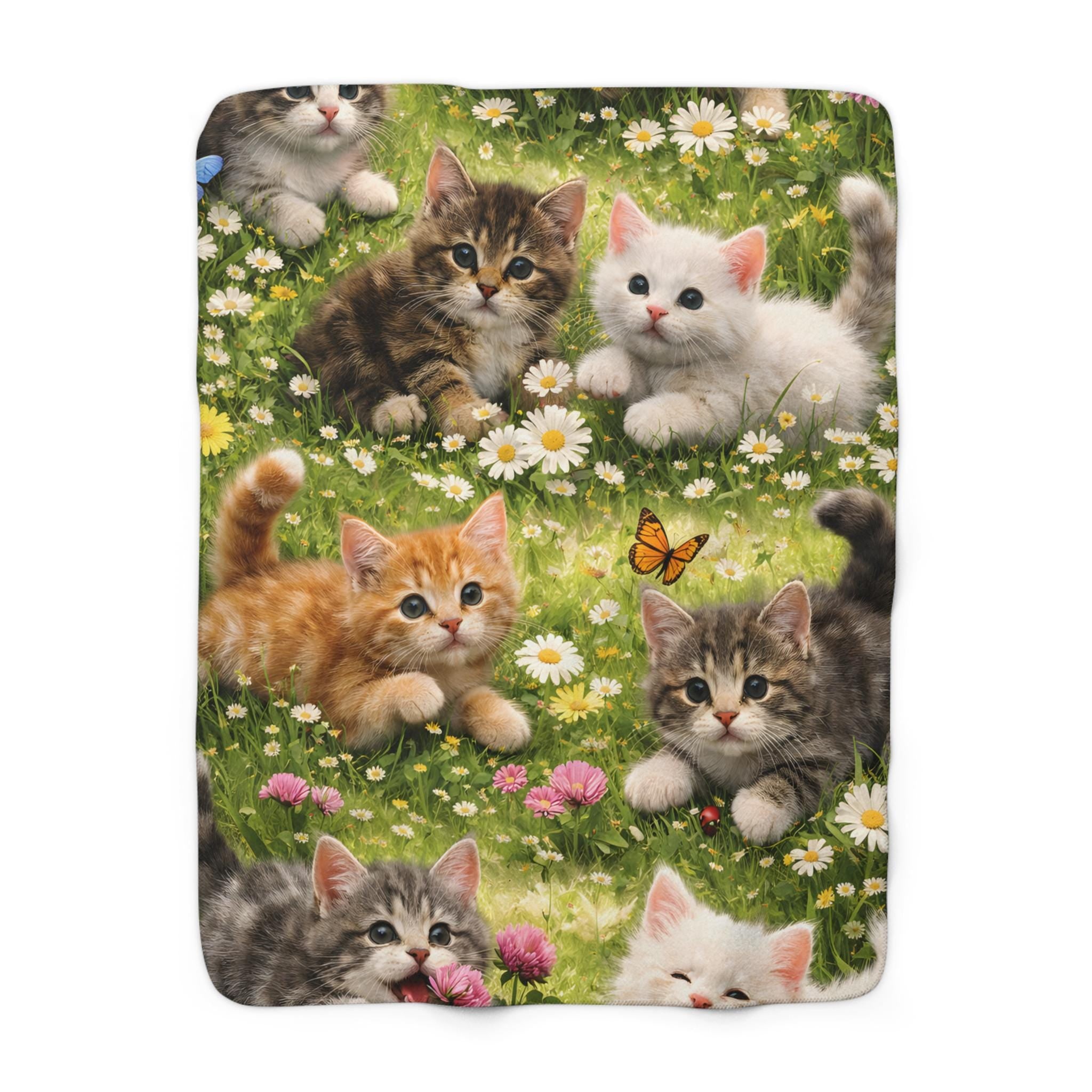 Playful Kittens with Flowers and Butterflies Sherpa Blanket