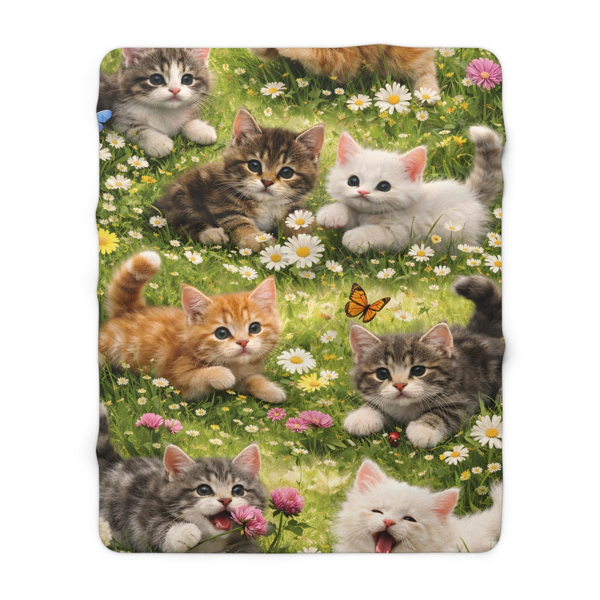Playful Kittens with Flowers and Butterflies Sherpa Blanket