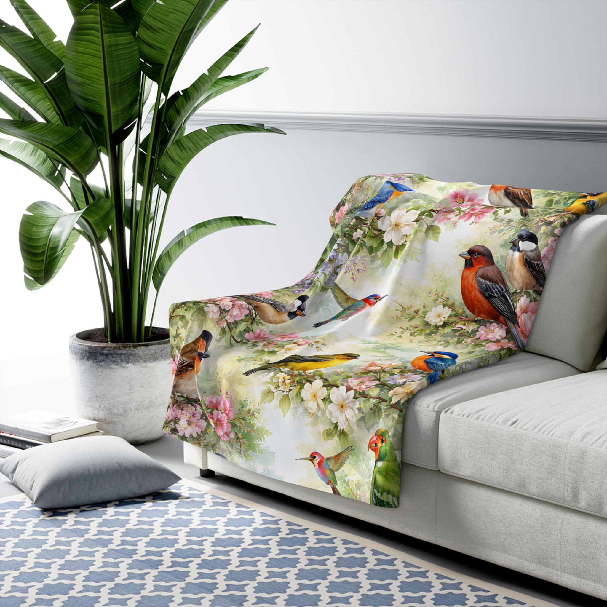 Floral Bird Sherpa Fleece Blanket | Watercolor Spring Design