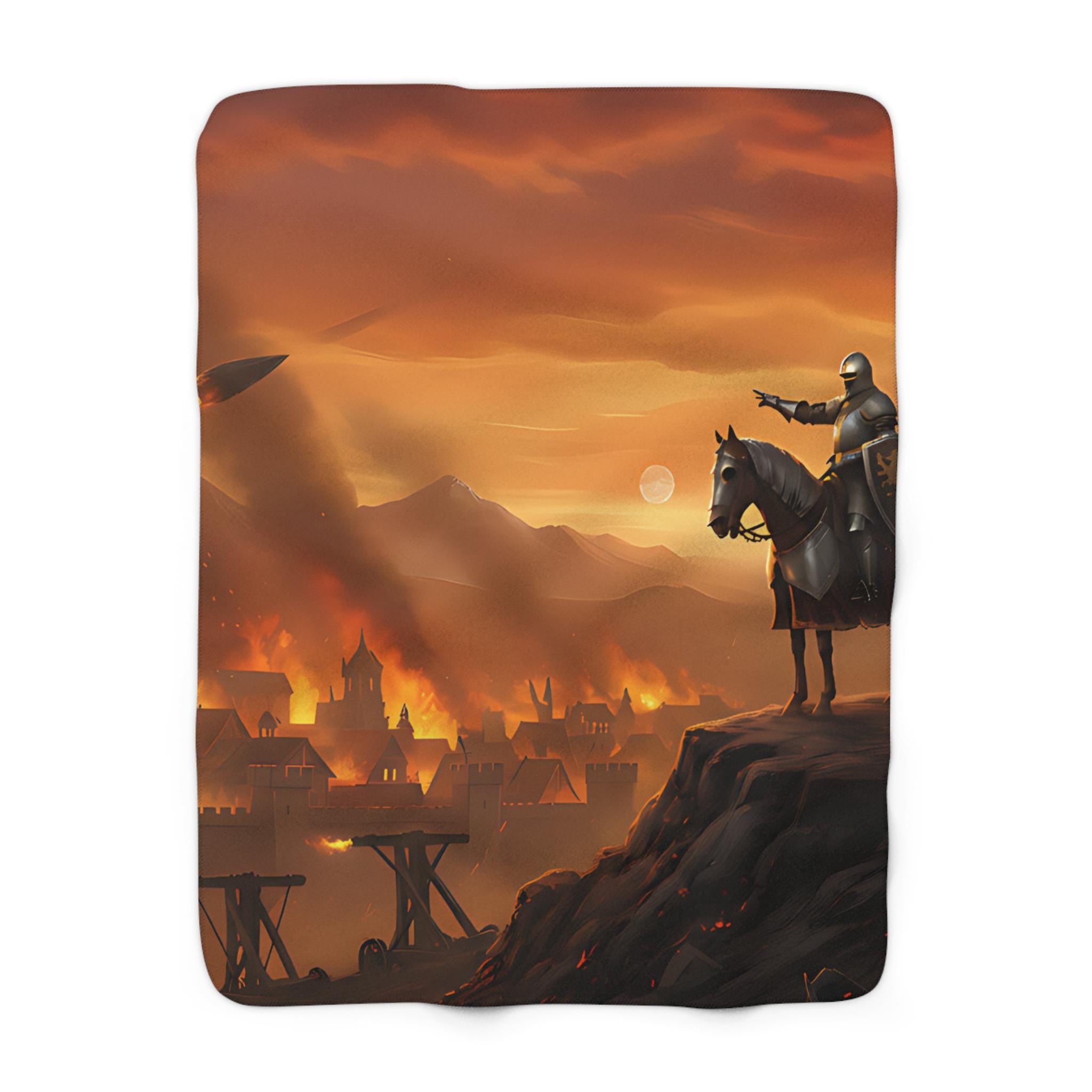 Medieval Knights Sherpa Fleece Blanket Knights Overlooking Burning Town