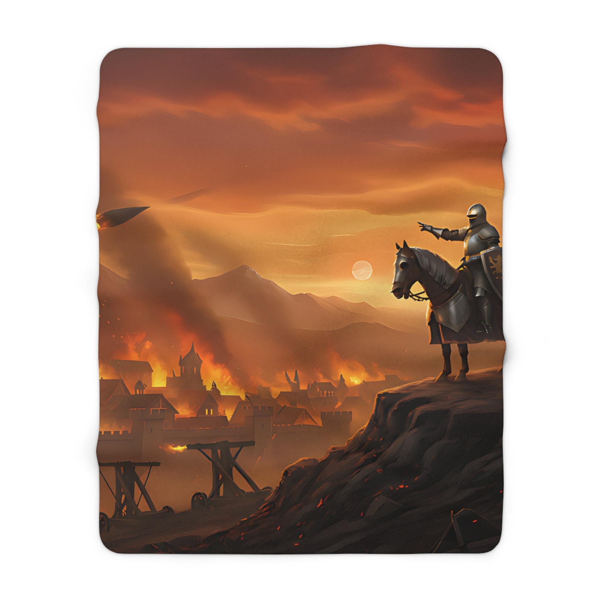 Medieval Knights Sherpa Fleece Blanket Knights Overlooking Burning Town