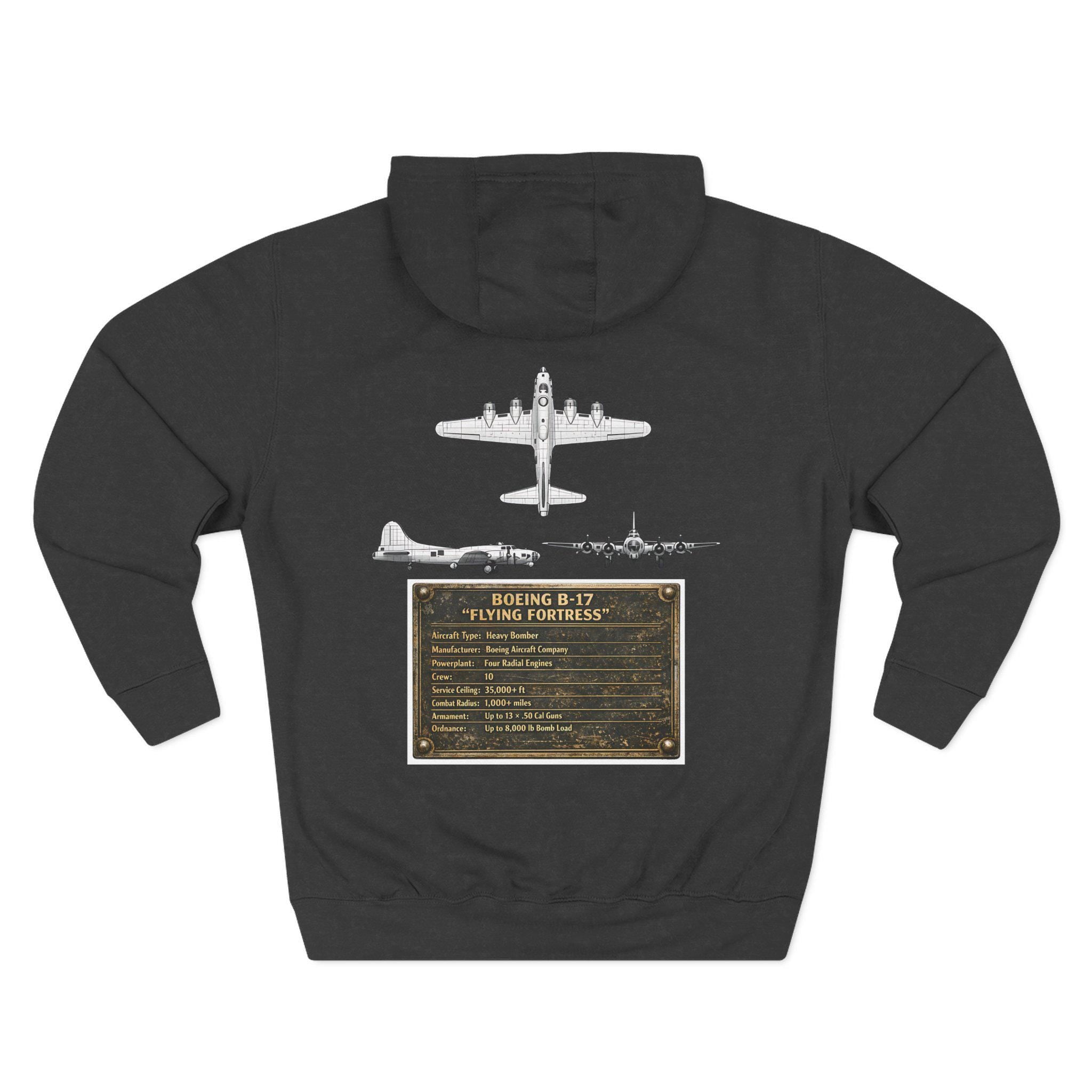 B17 Bomber Schematic Hoodie, design on back Vintage Airplane Enthusiast Pullover
