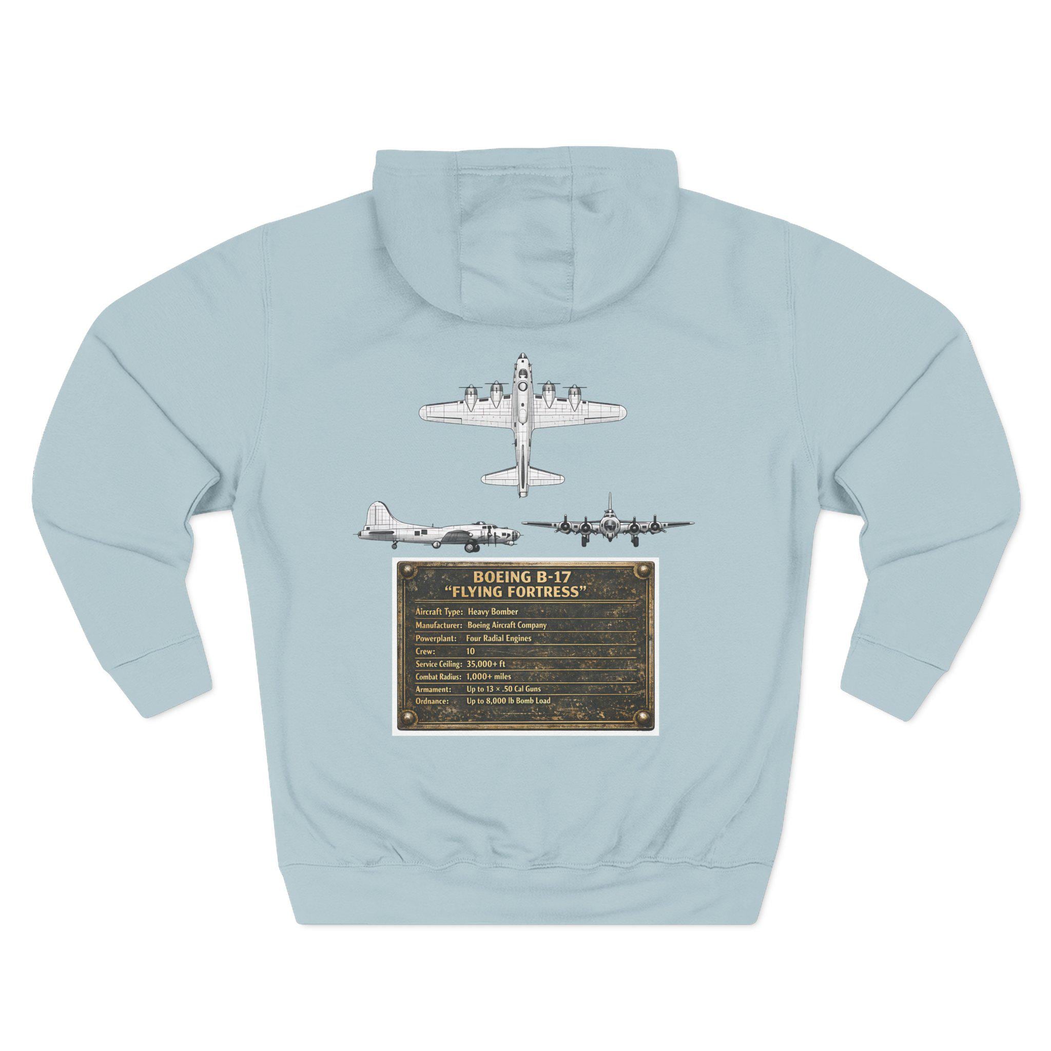 B17 Bomber Schematic Hoodie, design on back Vintage Airplane Enthusiast Pullover