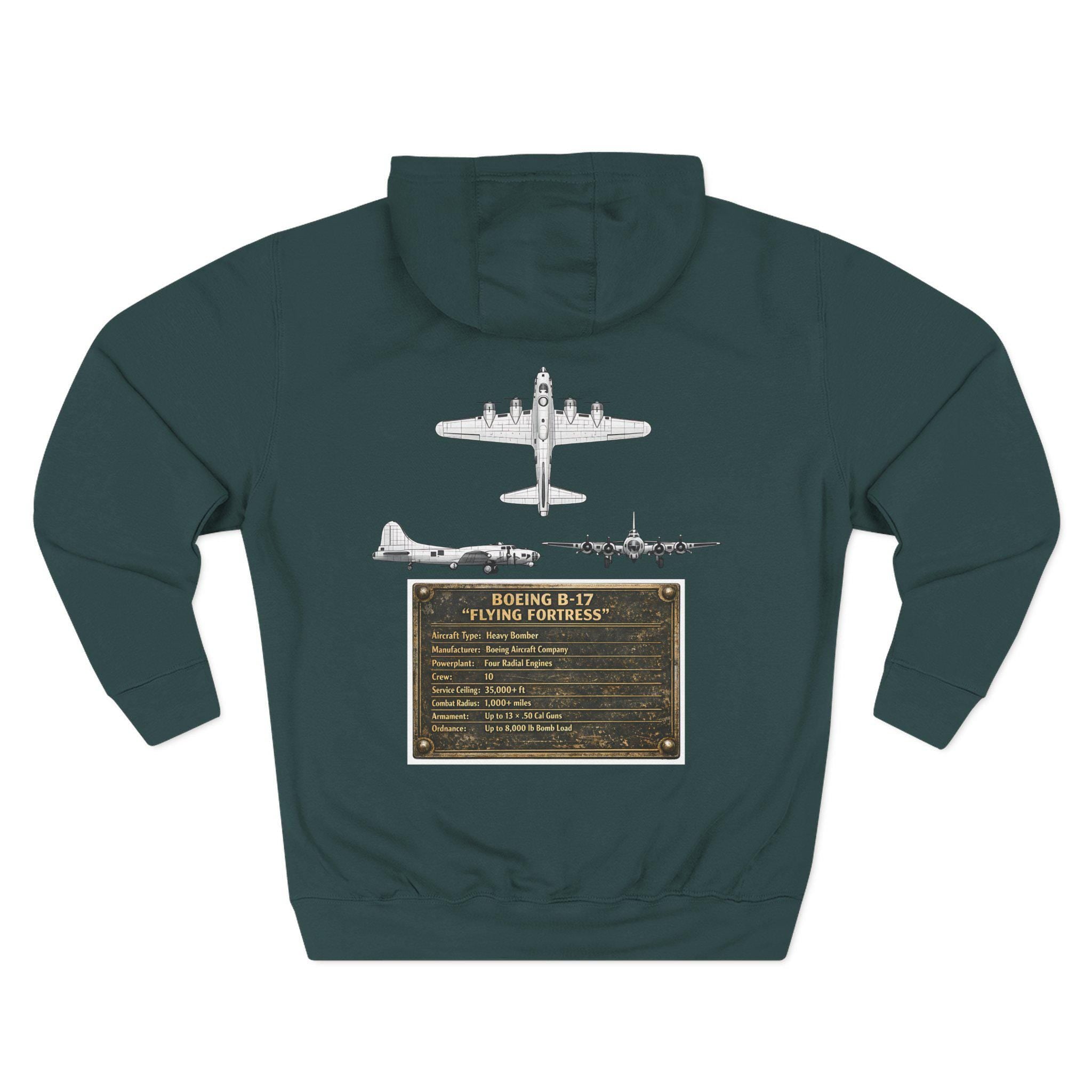 B17 Bomber Schematic Hoodie, design on back Vintage Airplane Enthusiast Pullover