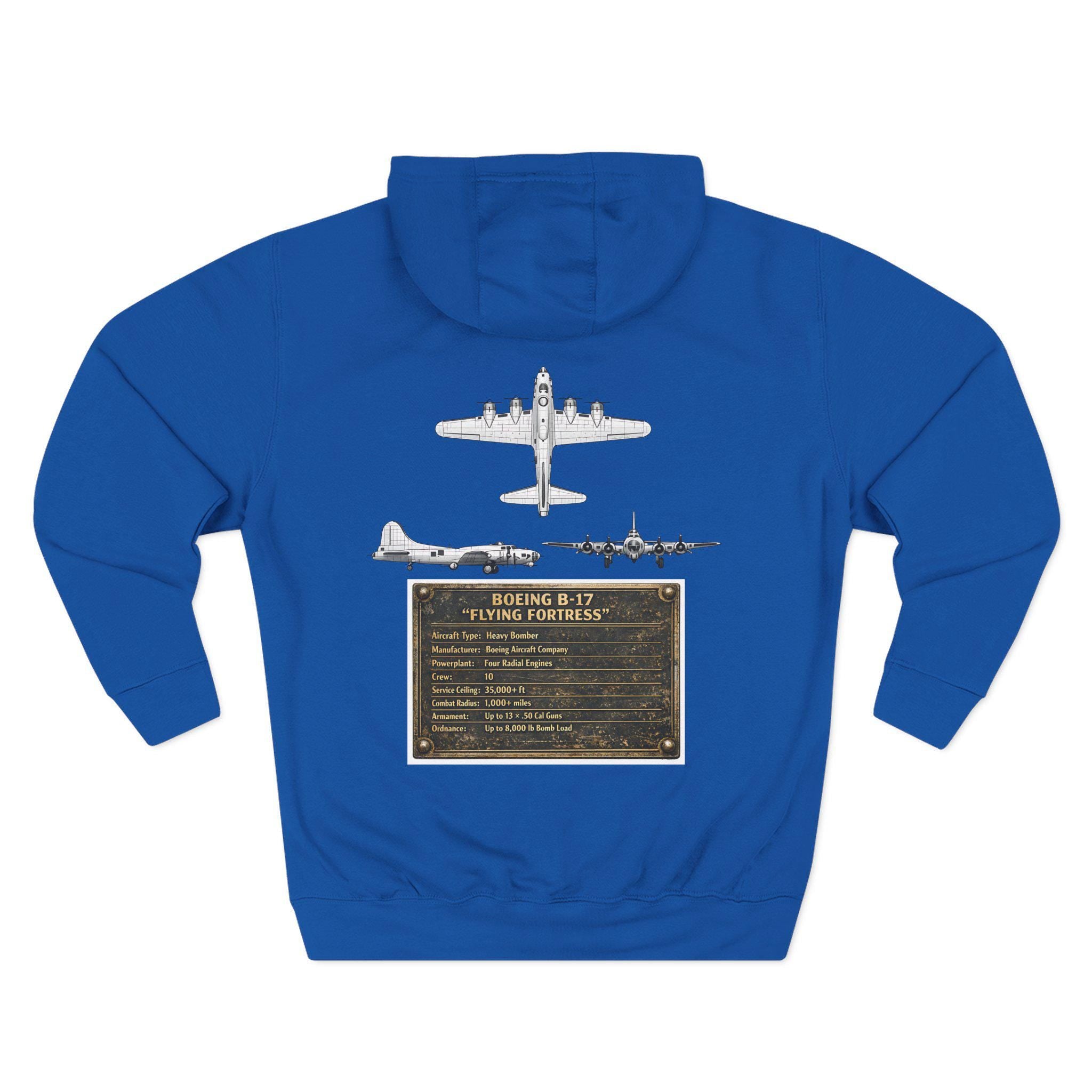 B17 Bomber Schematic Hoodie, design on back Vintage Airplane Enthusiast Pullover