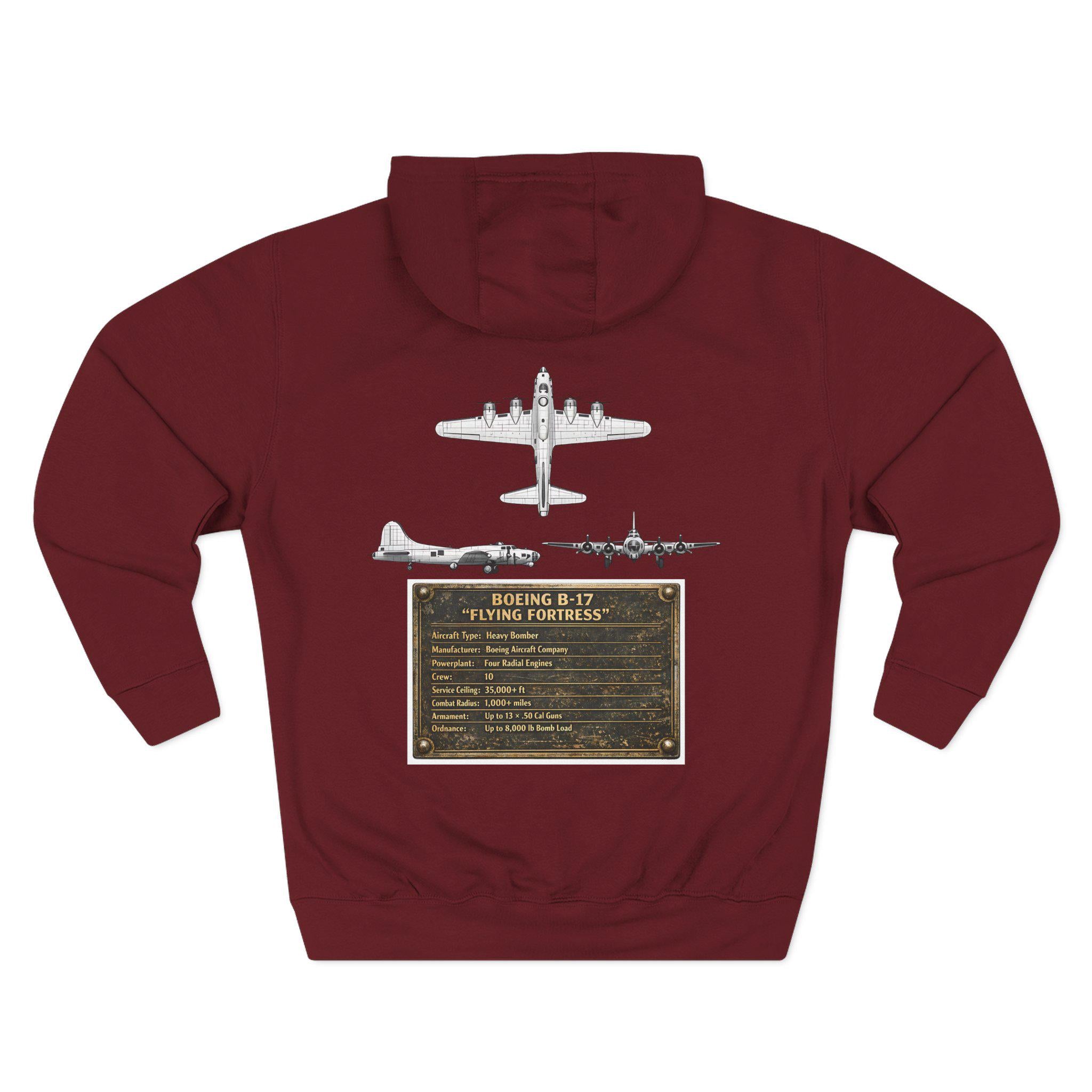 B17 Bomber Schematic Hoodie, design on back Vintage Airplane Enthusiast Pullover